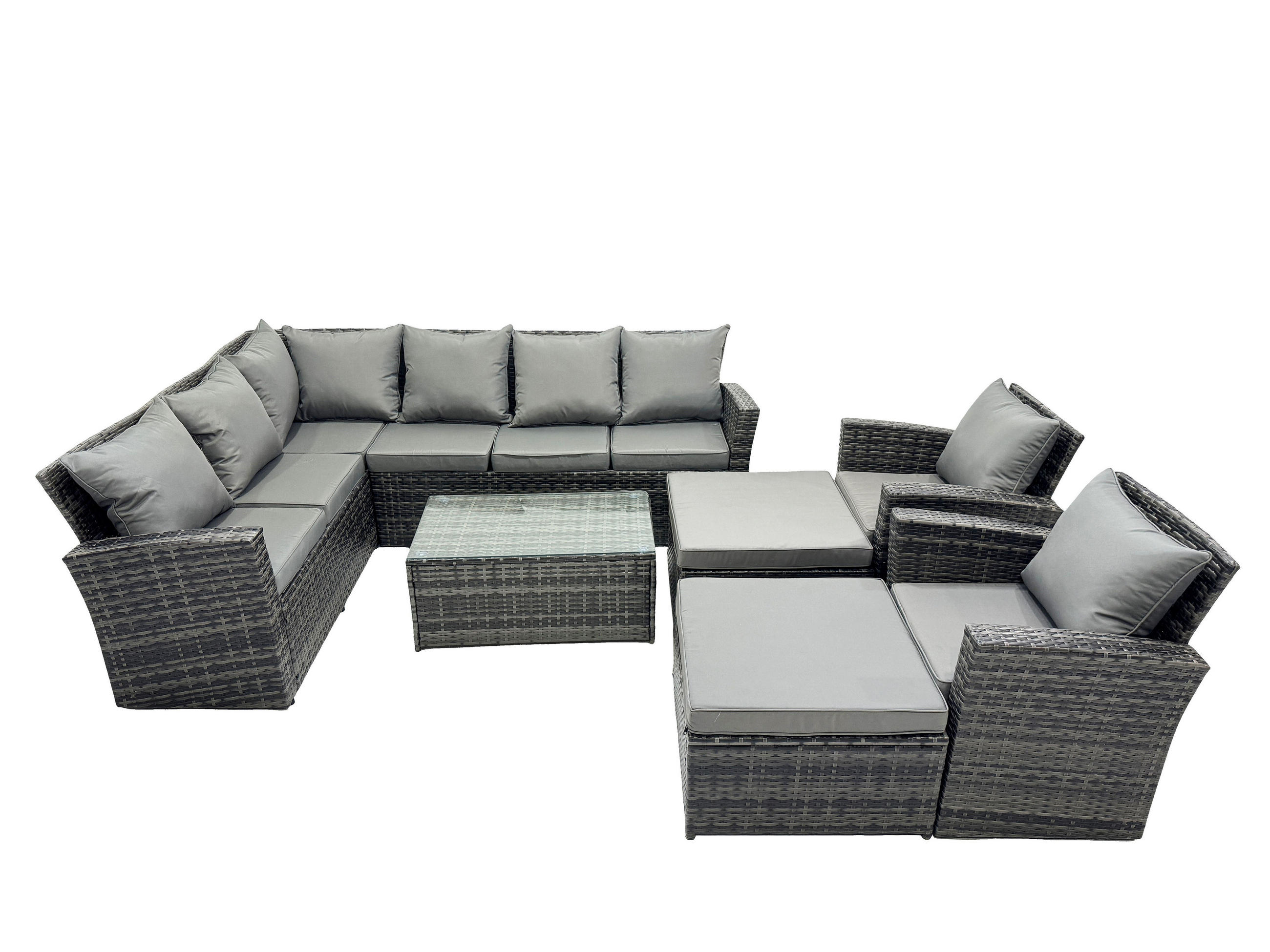 BALKONMÖBEL-SETS mit Ecksofa,Länglicher Couchtisch,2 Große Fußhocker,2 Sesseln Polyrattan Dunkelgrau 10-Sitzer - Dunkelgrau/Grau, Glas/Kunststoff - Fimous