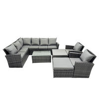 BALKONMÖBEL-SETS mit Ecksofa,Länglicher Couchtisch,2 Große Fußhocker,2 Sesseln Polyrattan Dunkelgrau 10-Sitzer - Dunkelgrau/Grau, Glas/Kunststoff - Fimous