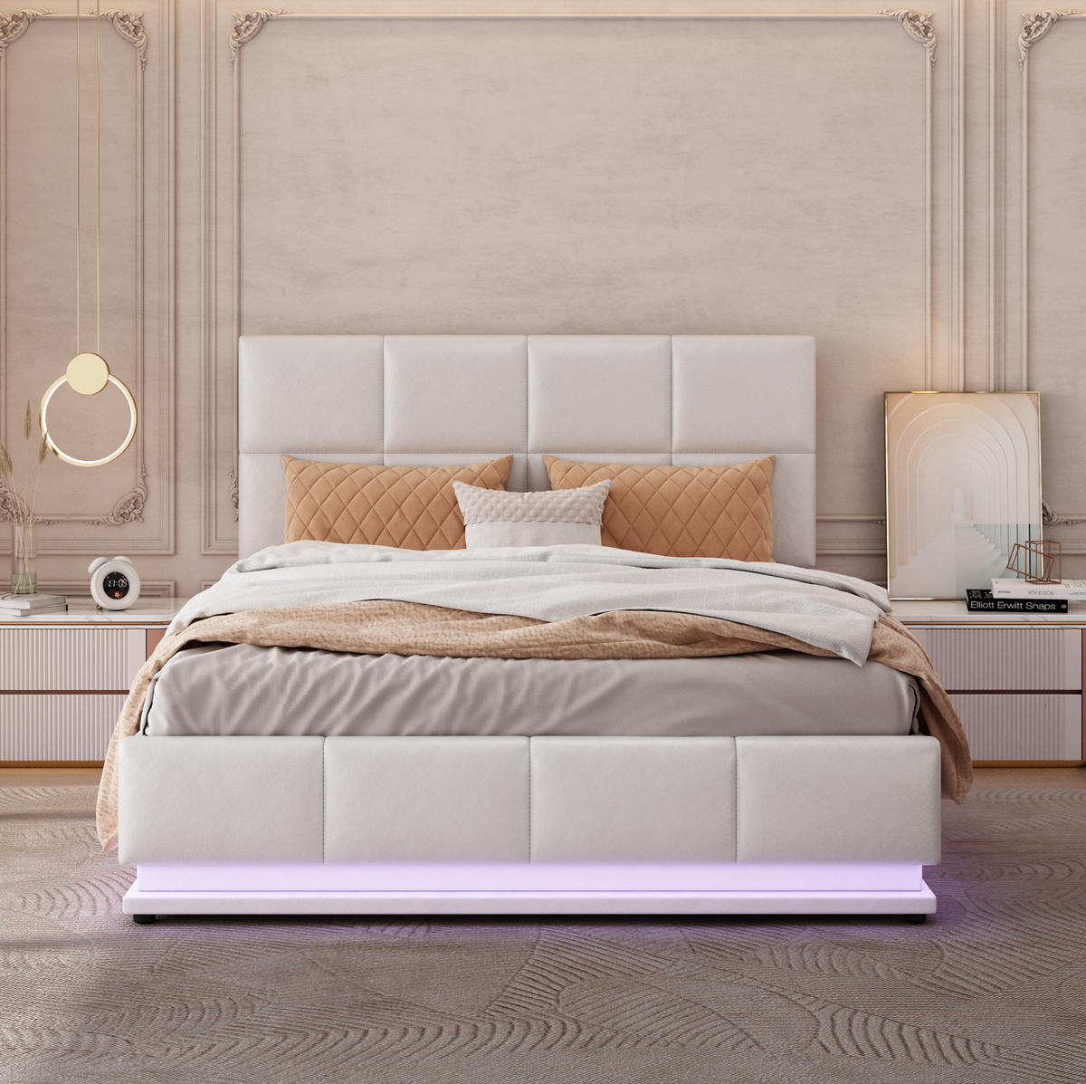POLSTERBETT mit LED-Beleuchtung 140/200 cm mit Bettkasten in Weiß - Weiß, Textil (140/200cm) - BEAOK