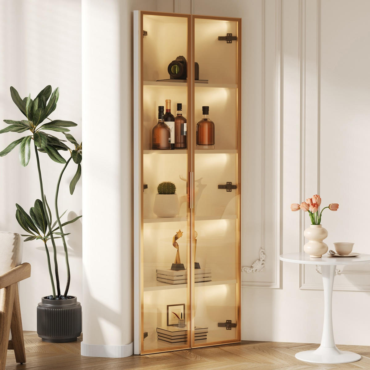 HIGHBOARD mit LED-Beleuchtung 62/35/160 cm in Weiß – Eckdesign mit Glastür - Weiß, Holzwerkstoff (62/160/35cm) - BEAOK
