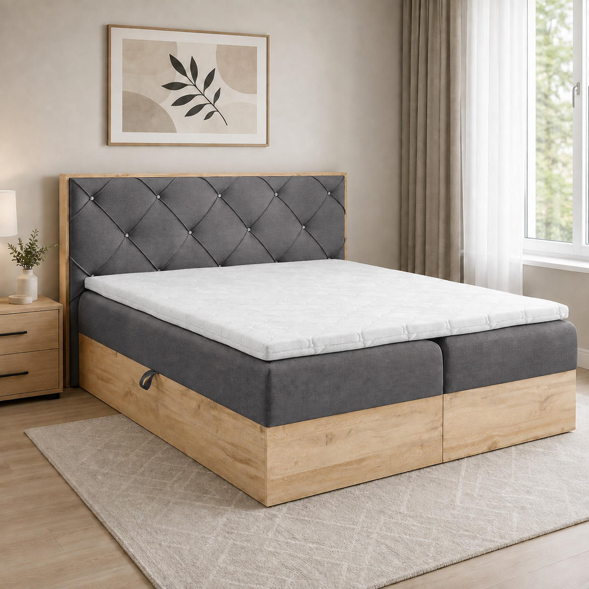 BOXBETT Holzoptik Sonoma Eiche mit Topper 120x200 cm Dunkelgrau - Dunkelgrau, Textil (120/200cm) - Home Collective