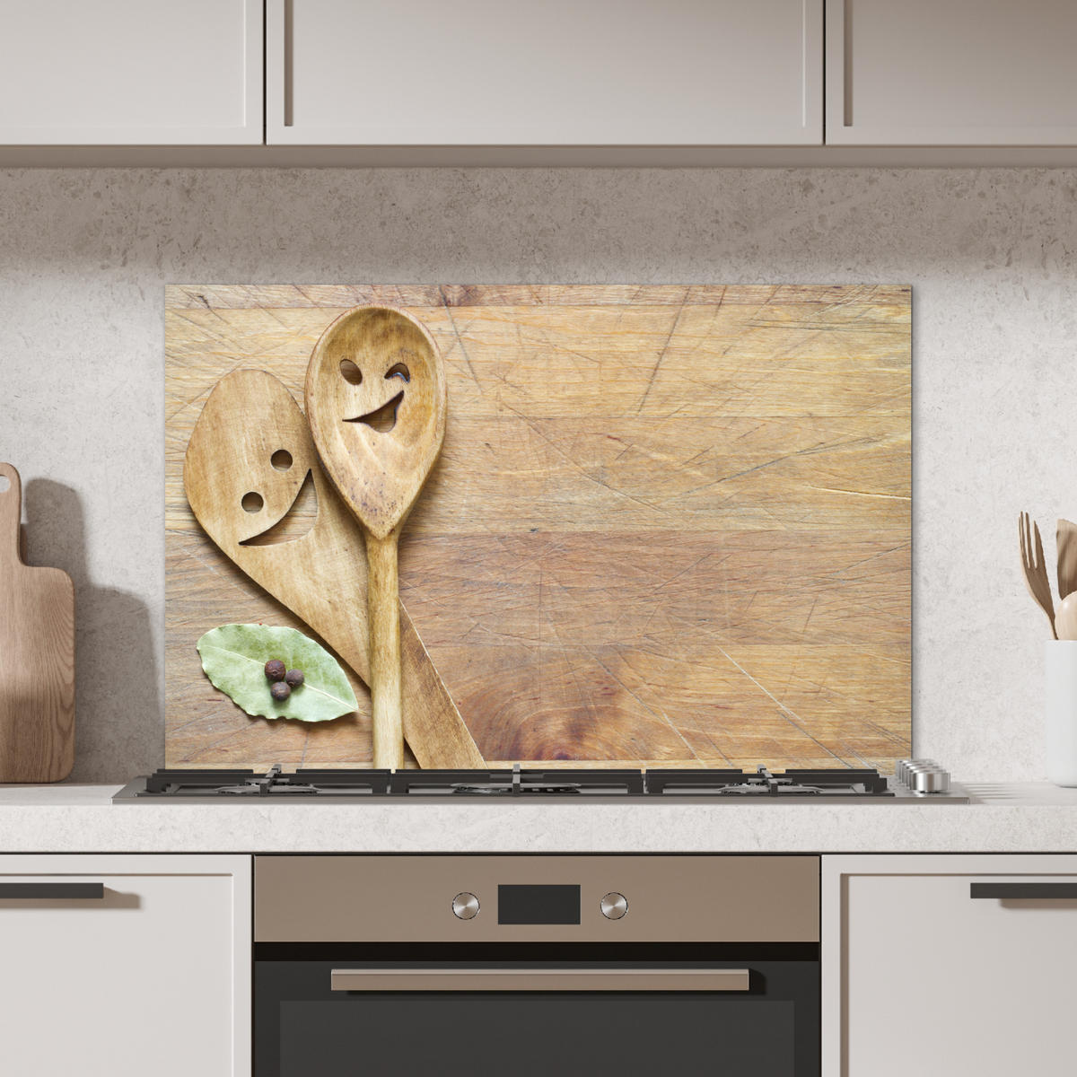SPRITZSCHUTZ KÜCHE Holz - Löffel - Braun - Smiley 90x60 cm - Hellbraun, Metall (90/0.3/60cm) - MuchoWow