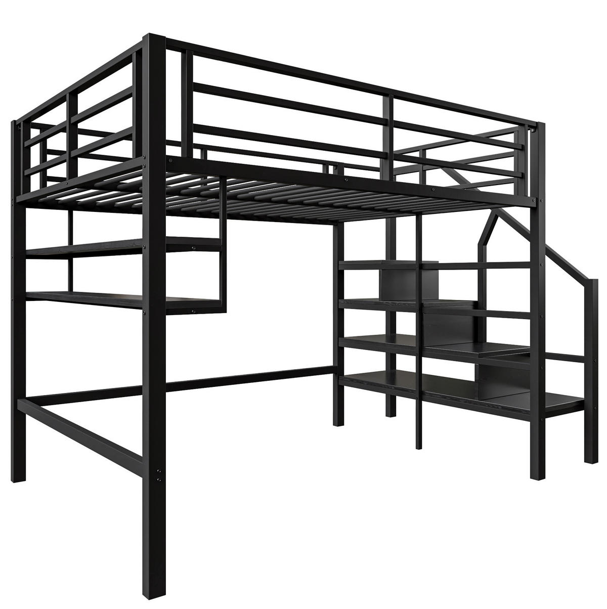 HOCHBETT 140/200 cm mit Stauraumleiter, Regalfächern, Geländer und Metallgestell, Schwarz - Schwarz, Metall (140/200cm) - Redom