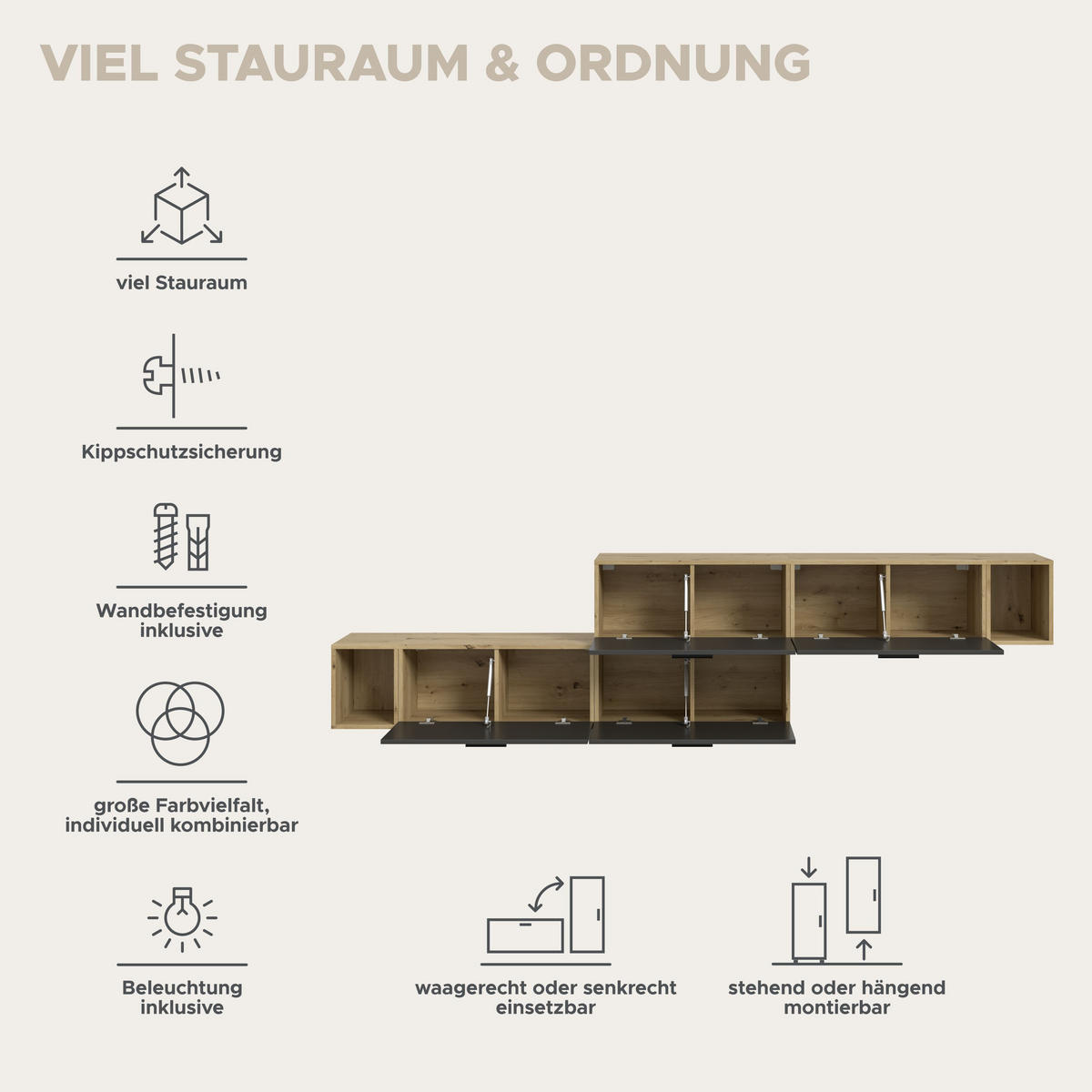 WOHNWAND INKL BELEUCHTUNG The One Basalt grau 276/34/97 cm - Braun, Holzwerkstoff (276/97/34cm) - Xonox