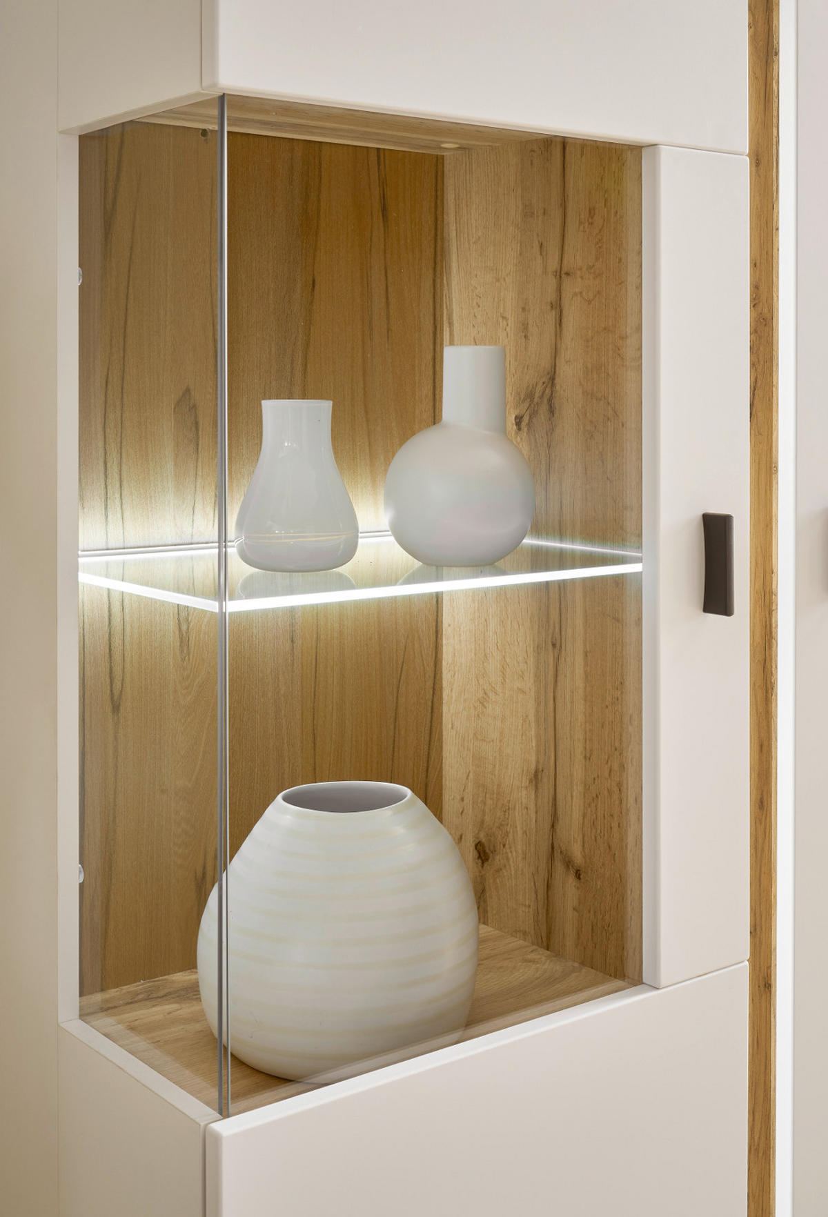 VITRINE weiß matt, Eiche Wotan 80 x 125 cm, Highboard inklusive Frontbeleuchtung - Silberfarben/Eiche Wotan, Glas/Holzwerkstoff (80/125/35cm) - Furn.Design