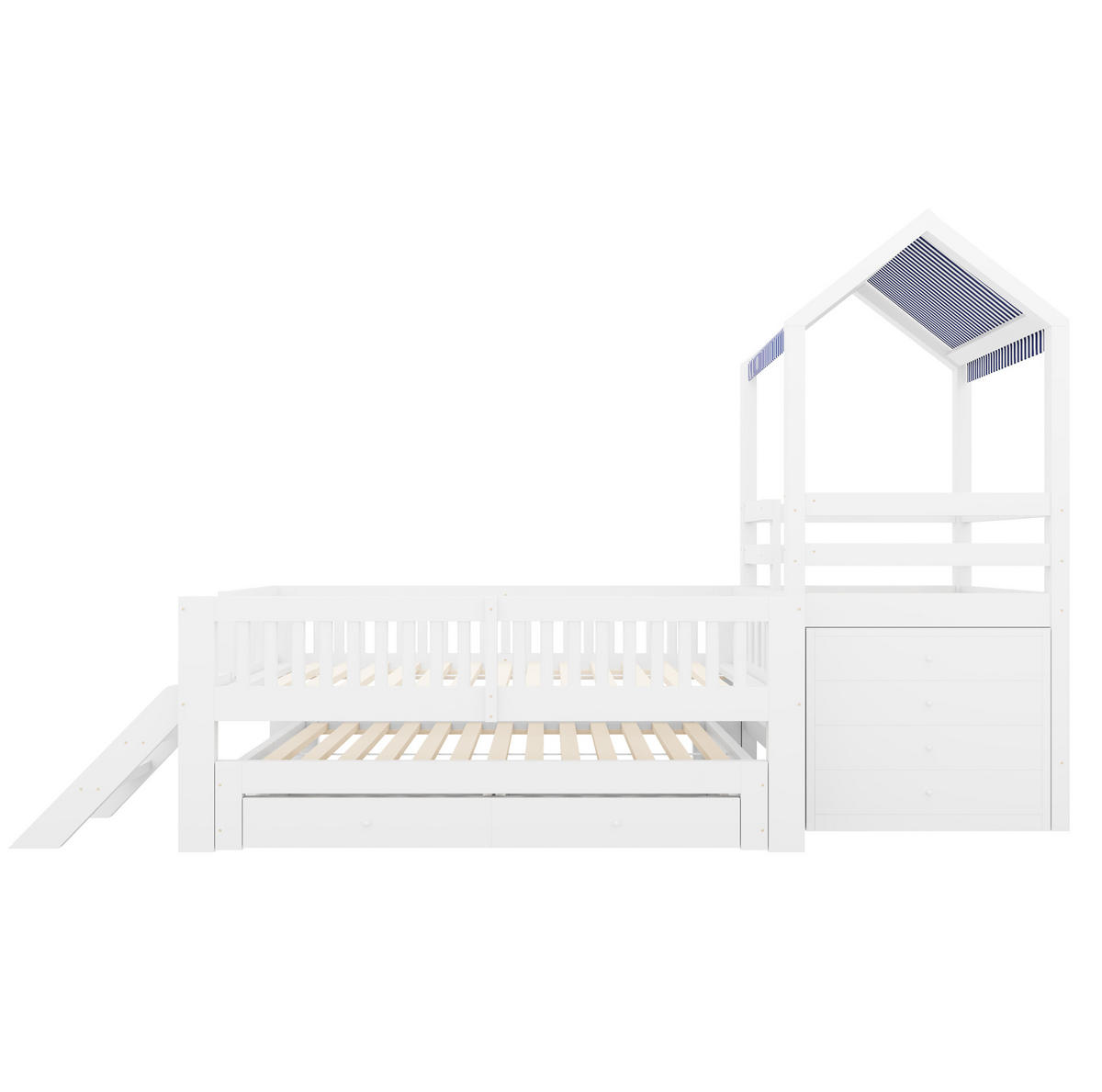 KINDERHAUSBETT 90x200 cm Weiß aus Massivholz mit Ausziehbett 90x190 cm, Treppe, Schubladen und Stoffdach - Weiß, Holz (90/200cm) - Modfu