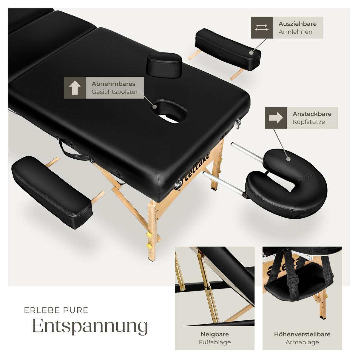 MASSAGELIEGE 3 Zonen, 218 x 102 x 90 cm,schwarz - Schwarz, Holz (102/90/218cm) - tectake
