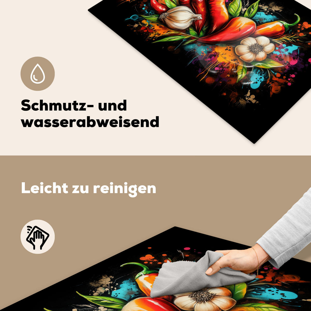 HERDABDECKPLATTE Gemüse - Paprika - Knoblauch - Graffiti - Farbe - Bunt Abdeckung Ceranfeld 81.2x52 cm - Rot, Kunststoff (81.2/52/0.2cm) - MuchoWow