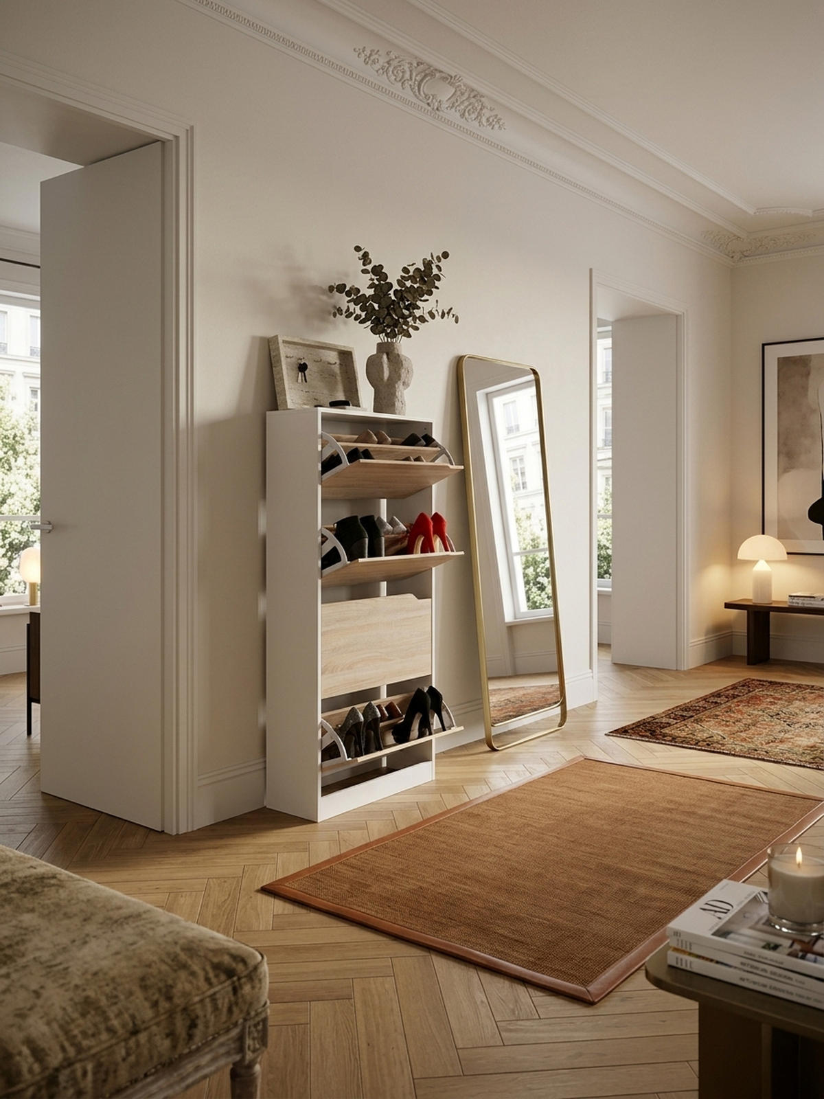 SCHUHSCHRANK – Weiß/Sonoma Eiche, 4 Fächer, für ca. 24 Paar Schuhe - Weiß, Holz (60/150/24cm) - KADIMA DESIGN