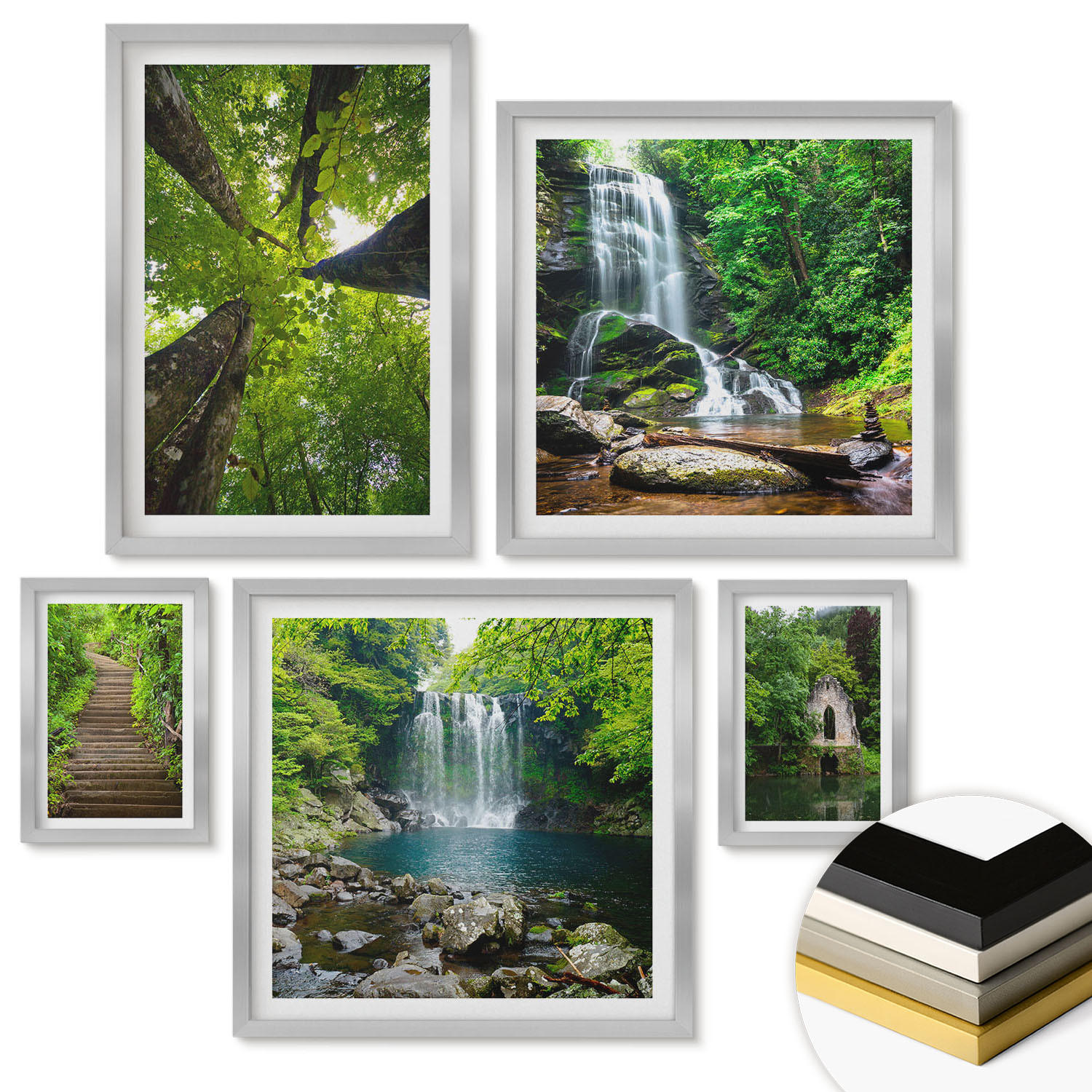WANDBILDER 5er Set - 50x50 cm & 20x30 cm & 40x60 cm Silberner Rahmen - Denkmäler Europas in warmen Farben - Silberfarben, Kunststoff (40/60cm) - ArtPrintCave