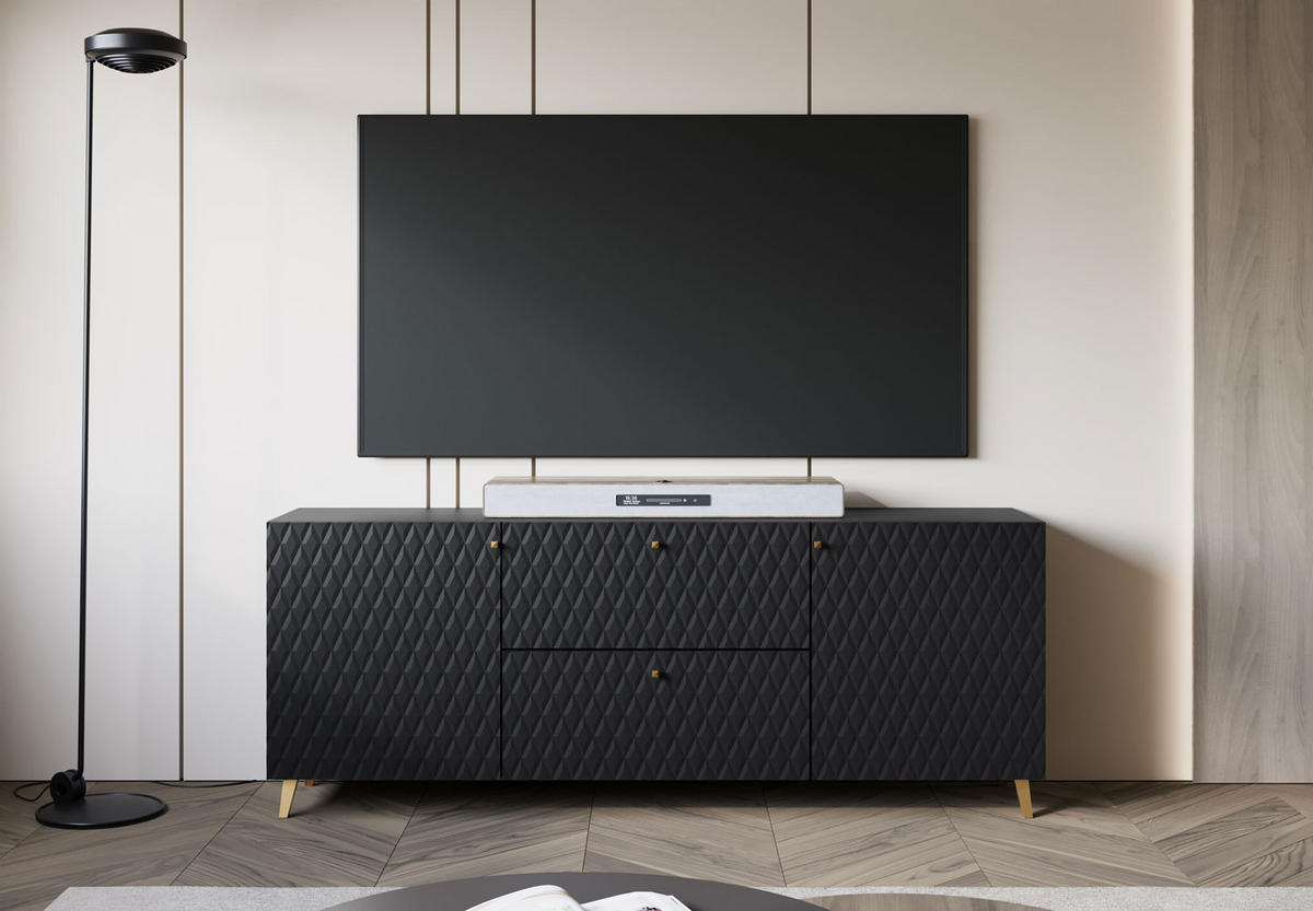 KOMMODE Phuket Graphit Schwarz / Rautenmuster 180 / 39 / 69cm - Goldfarben/Graphitfarben, Holz/Holzwerkstoff (180/69/39cm) - Feldmann-Wohnen