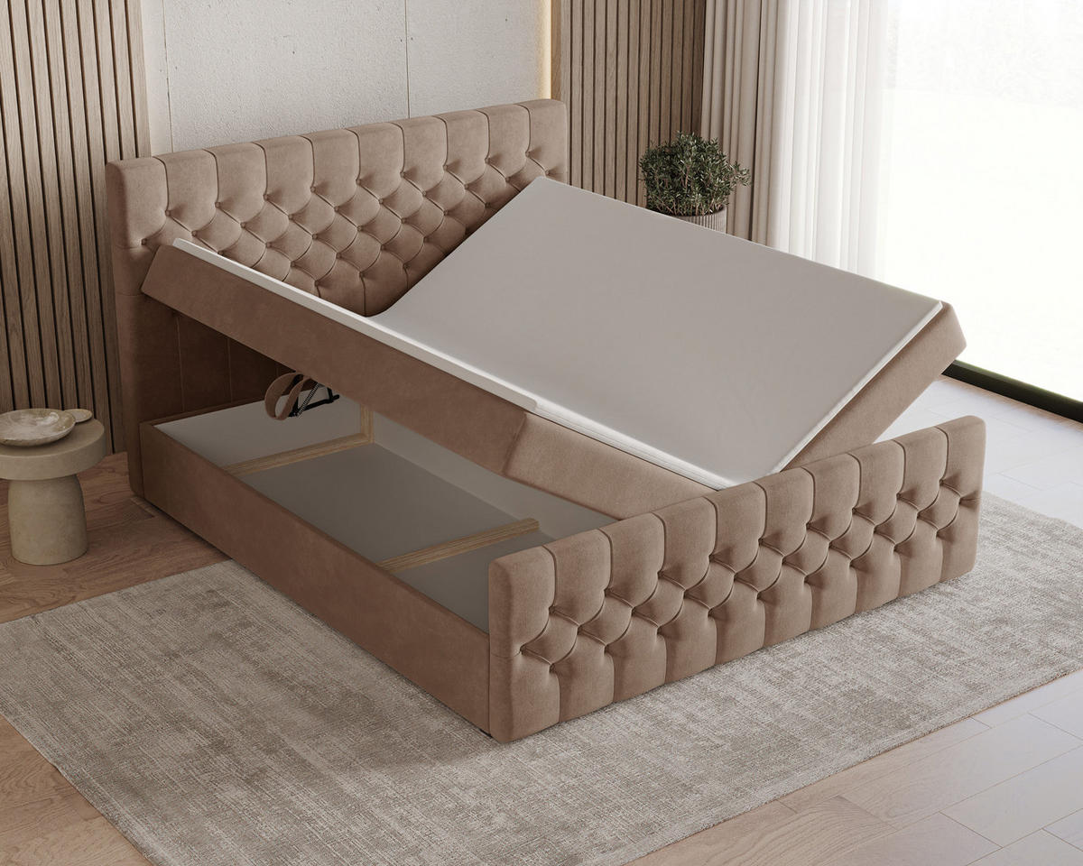 BOXBETT 12 140 x 200 cm - Manila - Modernes Polsterbett mit Bettkasten inkl. PU-Schaum-Topper und Federmechanismus - Cappuccino, Holz (140/200cm) - ROYAL24_MARKT