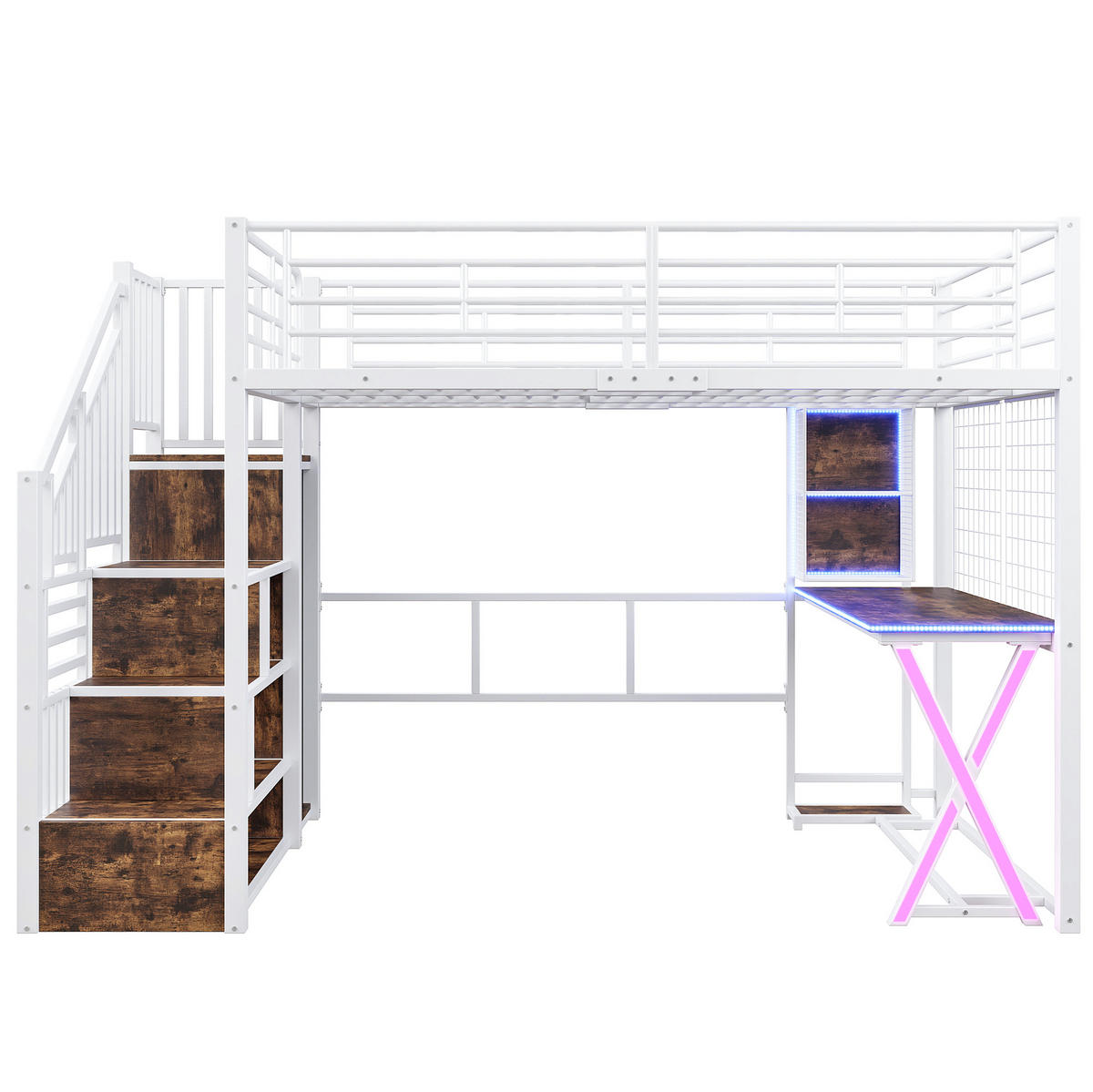HOCHBETT 140/200 cm Weiß mit LED-Beleuchtung, Schreibtisch und Kleiderschrank - Weiß, Metall (140/200cm) - Flora Grace