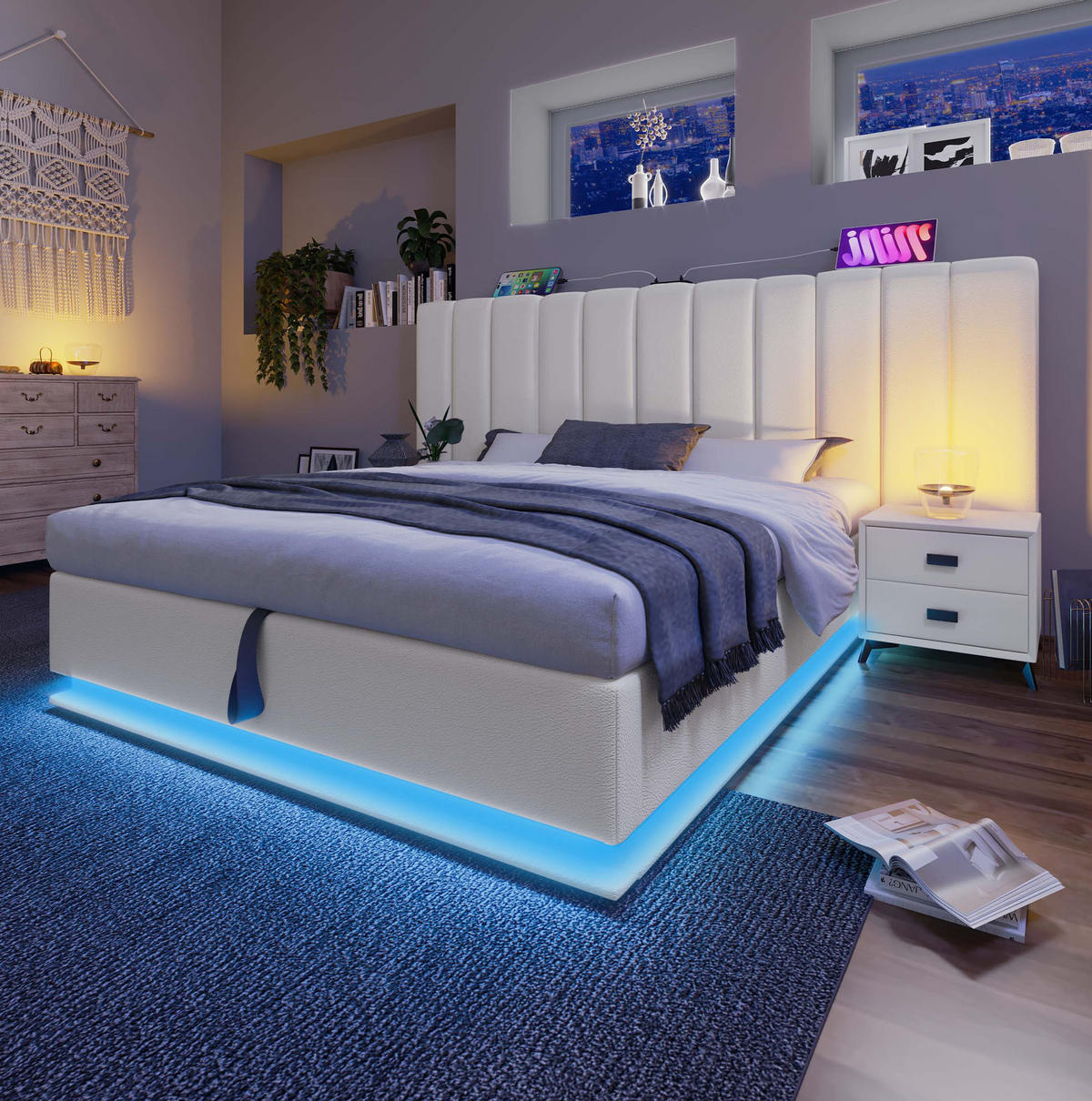 POLSTERBETT aus PU 160x200 cm Weiß mit Bettkasten, LED-Beleuchtung und USB-C-Anschluss - Weiß, Leder (160/200cm) - IVMEU