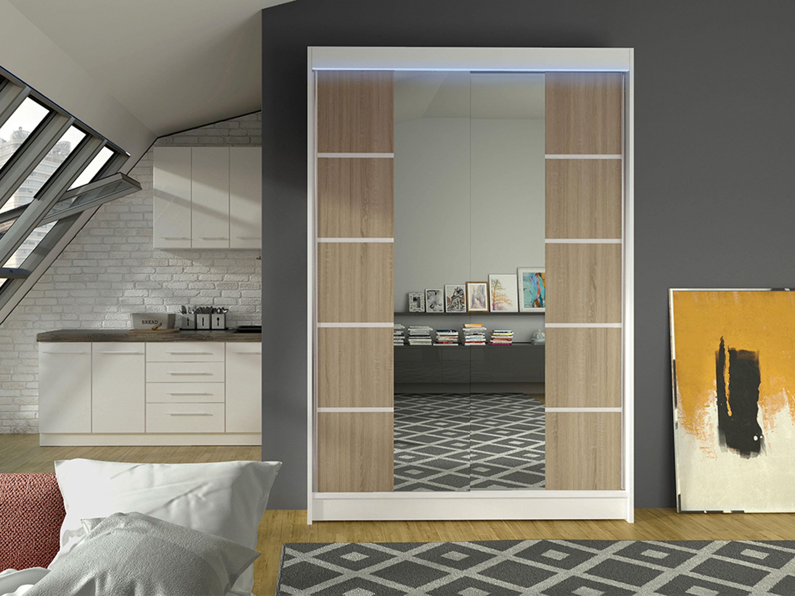 SCHWEBETÜRENSCHRANK Lino V mit RGB LED Beleuchtung - Weiß/Sonoma Eiche, Holzwerkstoff/Metall (120/200/58cm) - MIRJAN24