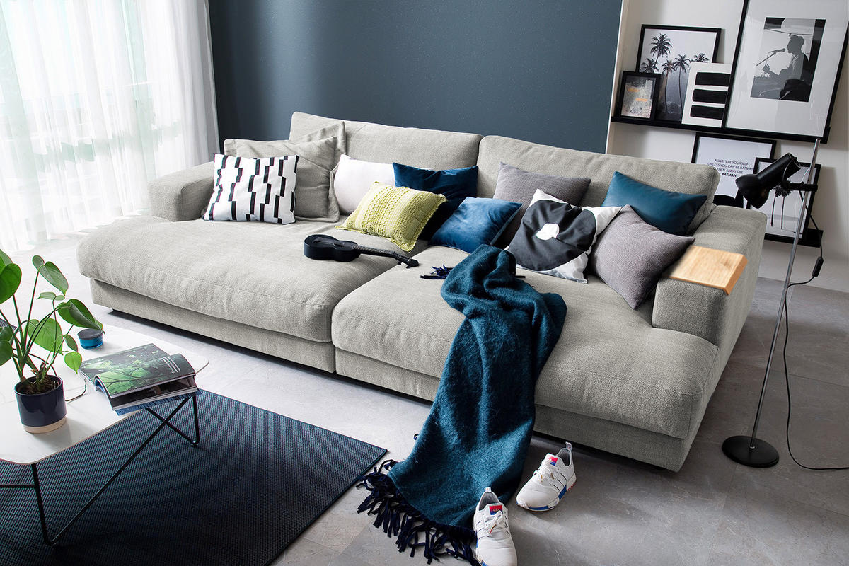 BIG SOFA XL MIT TABLETT NATUR MADELINE Silber Webstoff - Silberfarben/Schwarz, Kunststoff/Textil (290/85/190cm) - KAWOLA
