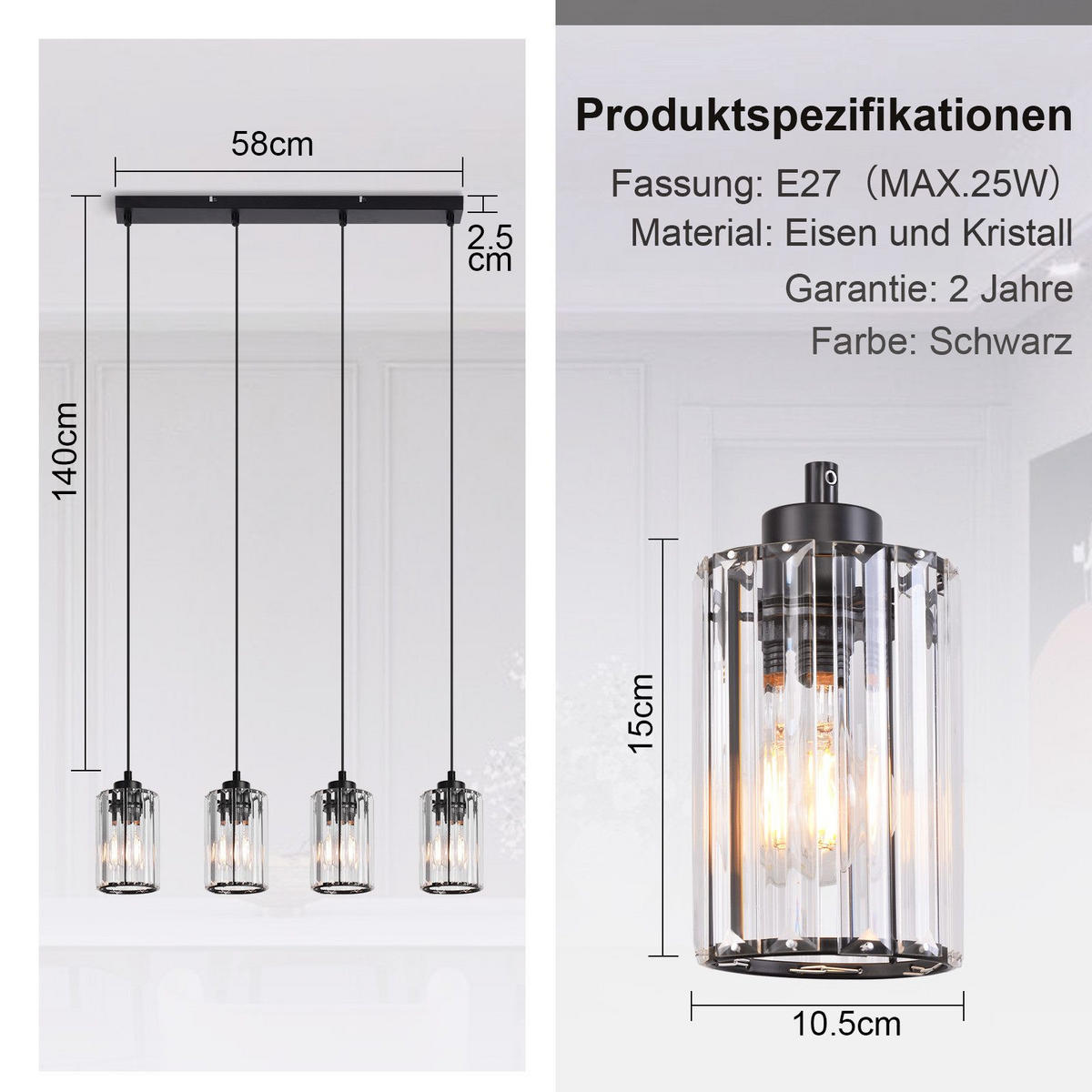 HÄNGELEUCHTE Marshall 58/5/140 cm - Schwarz, Metall (5/58/140cm) - Nettlife