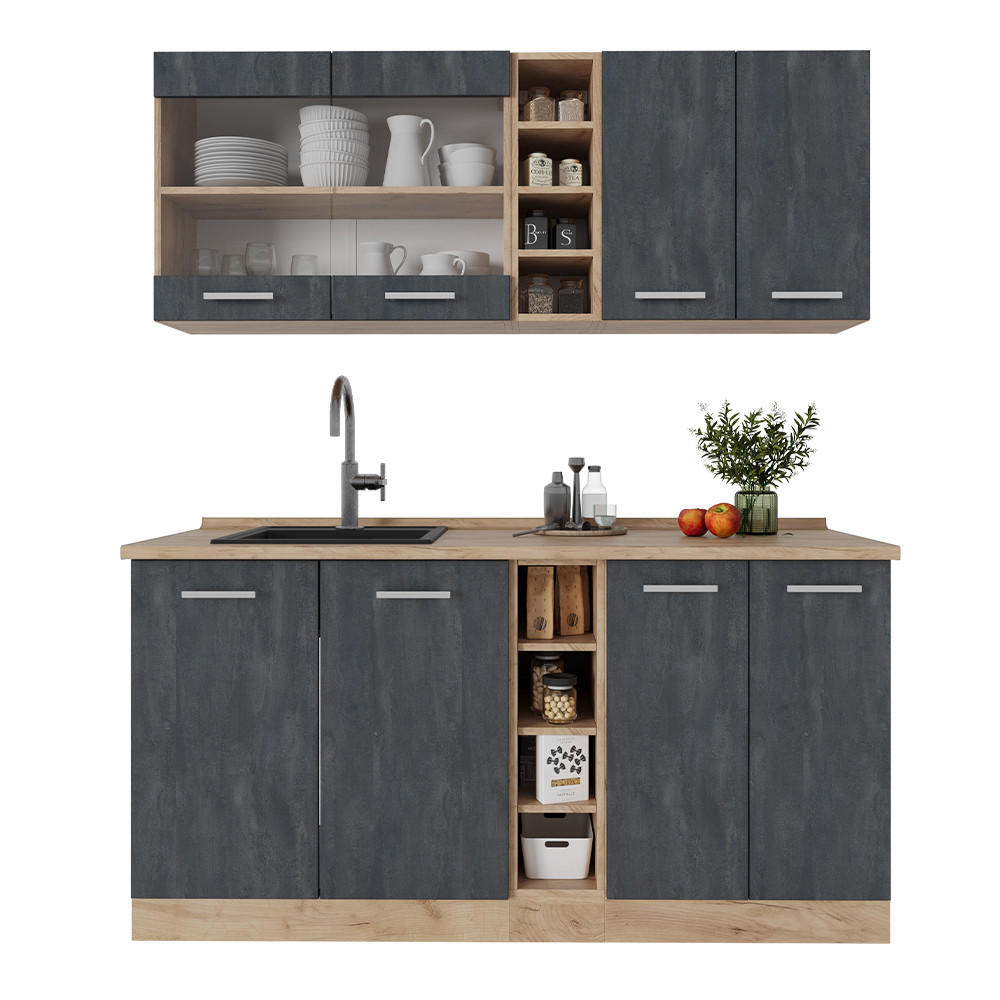 SINGLEKÜCHE R-Line Schwarz Beton/Goldkraft Eiche 160 cm AP Eiche - Eiche Wotan/Schwarz, Holzwerkstoff (160/81.6/60cm) - Vicco