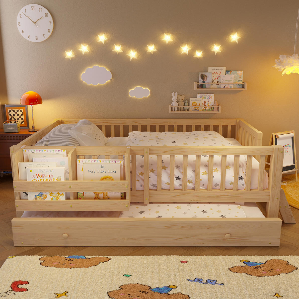 KINDERBETT 90/200 cm in Natur mit Ausziehbett und Regal Massivholz Skandi-Design - Naturfarben, Holzwerkstoff (90/200cm) - STILVORA