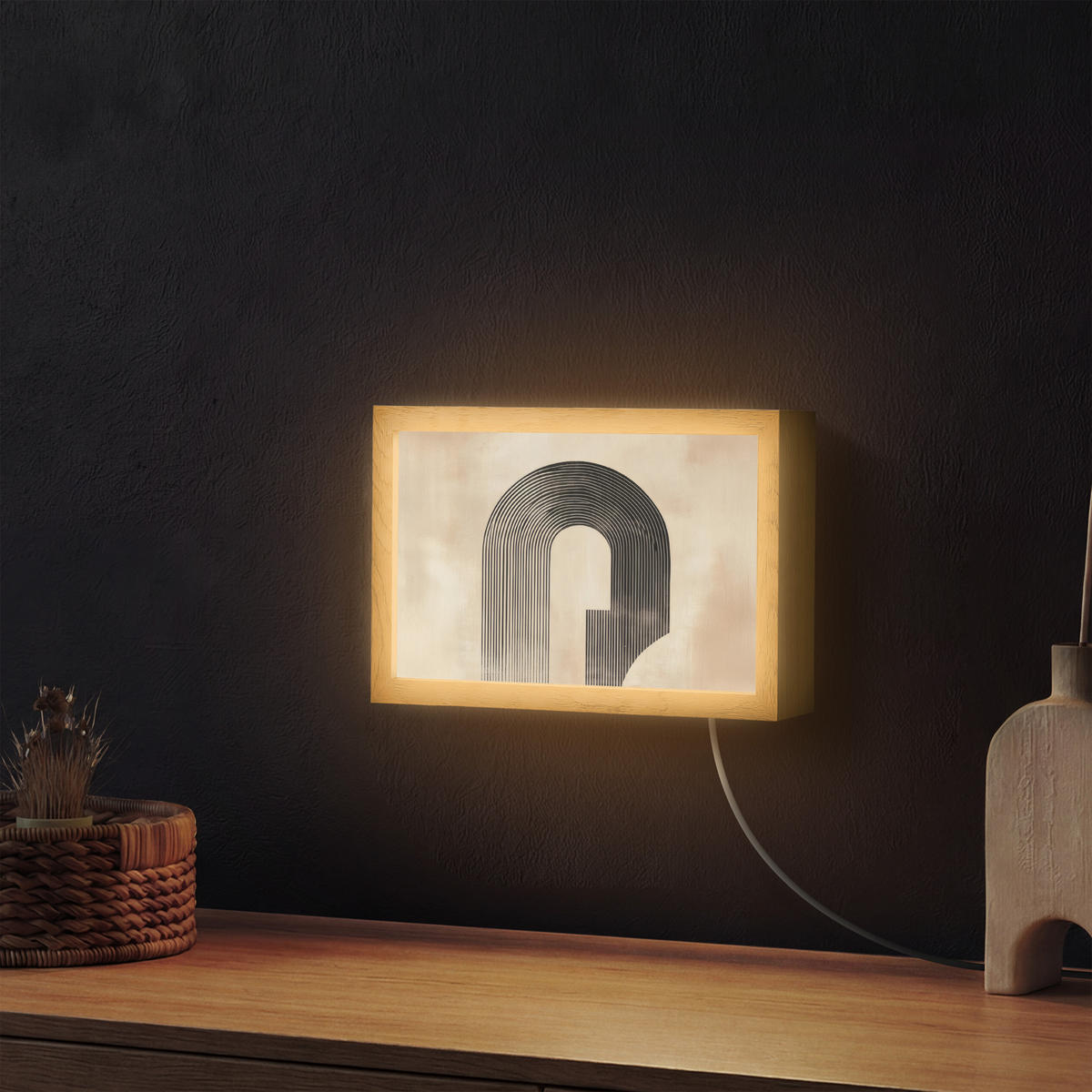 NÁSTĚNNÁ LAMPA Luk - Pruhy - Minimalistický - Černý 30x20 cm - béžová, kompozitní dřevo (30/20/8cm) - OnlyWow