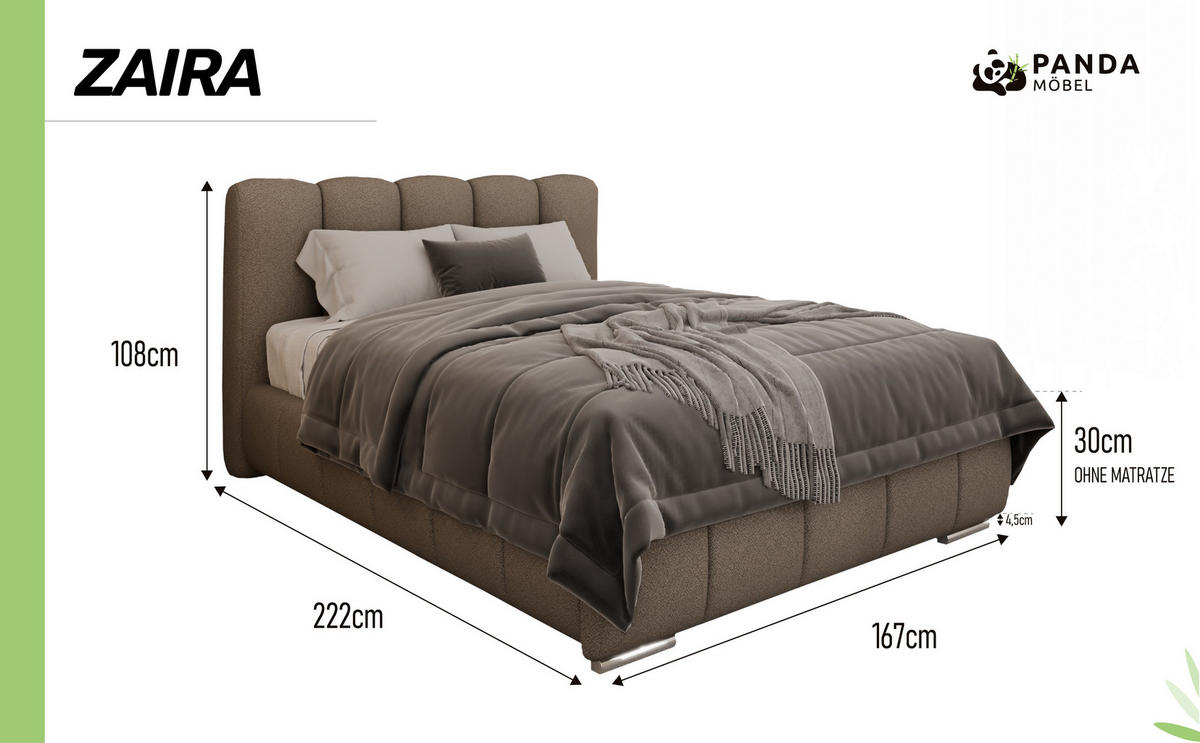 POLSTERBETT ZAIRA 140 x 200 cm mit Bettkasten und Lattenrost, 7-Zonen-Taschenfederkernmatratratze CIRA (24 cm) – Braun - Braun, Holz (100/206cm) - Panda Möbel