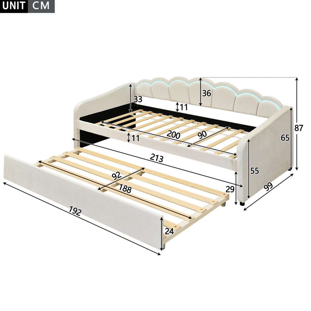 TAGESBETT 90/200 cm Beige mit ausziehbarem Bett und LED-Beleuchtung aus Samt - Beige, Textil (90/200cm) - OKWISH