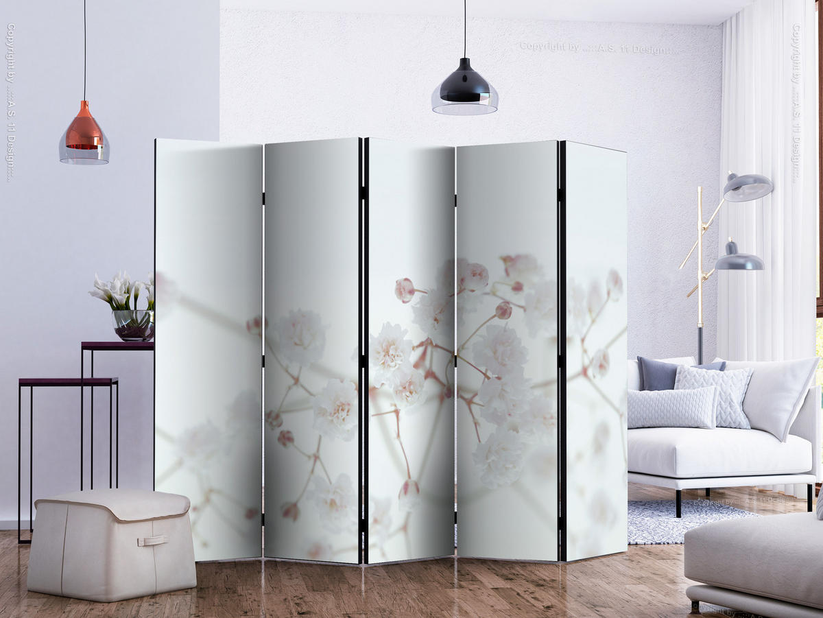 PARAVÁN Jednostranný 5-dielny 225x172 cm Biele Kvety Príroda - biela, drevo/textil (225/172/3cm) - Muralo