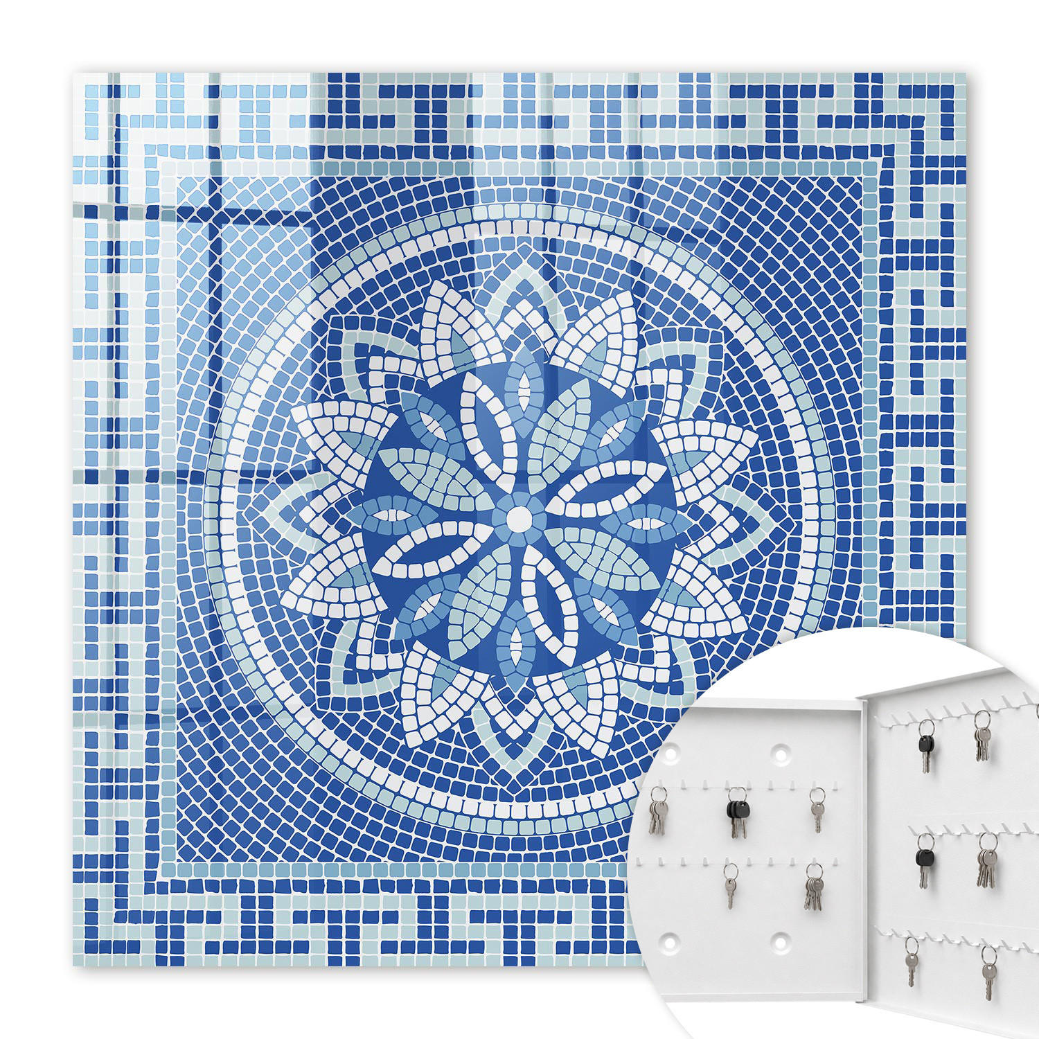 SCHLÜSSELBOX Weiß 30x30 cm – Türöffnung nach rechts - Blaues Mosaik - Blau, Metall (30/30/5cm) - TULUP