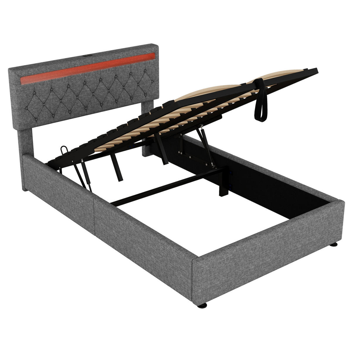 POLSTERBETT aus Leinen 140x200 cm in Grau mit LED-Beleuchtung & USB-C - Grau, Textil (140/200cm) - Modfu