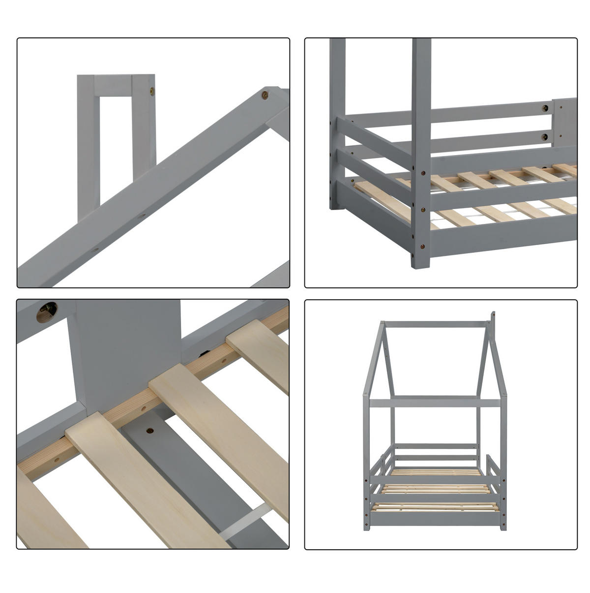 HAUSBETT 90/200 cm grau aus Kiefernholz mit Rausfallschutz - Grau, Holz (90/200cm) - OKWISH