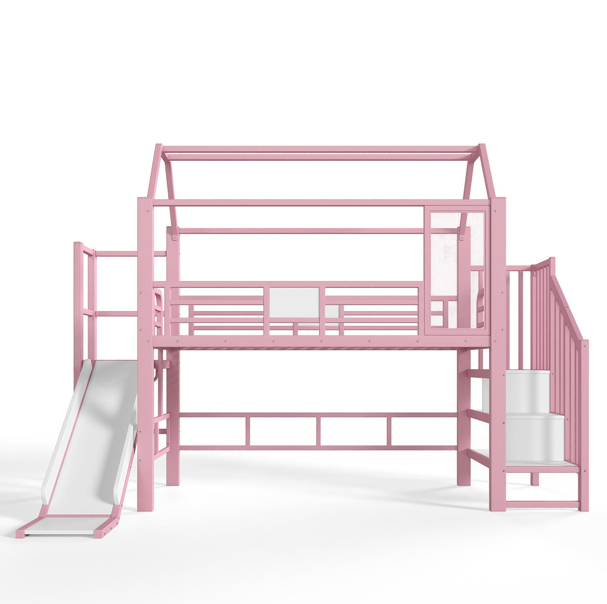 HOCHBETT aus Metall und MDF 90x200 cm Pink mit Rutsche, Stauraumtreppe und Bluetooth-LED-Beleuchtung - Pink, Holzwerkstoff (90/200cm) - IVMEU