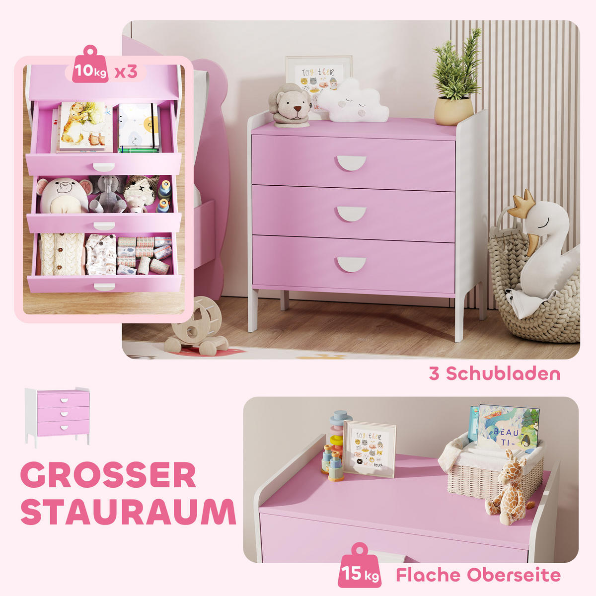 SPIELZEUGSCHRANK für Kinder, Kommode mit 3 Schubladen, Rosa+Weiß - Weiß/Rosa, Holzwerkstoff (40/60/60cm) - AIYAPLAY