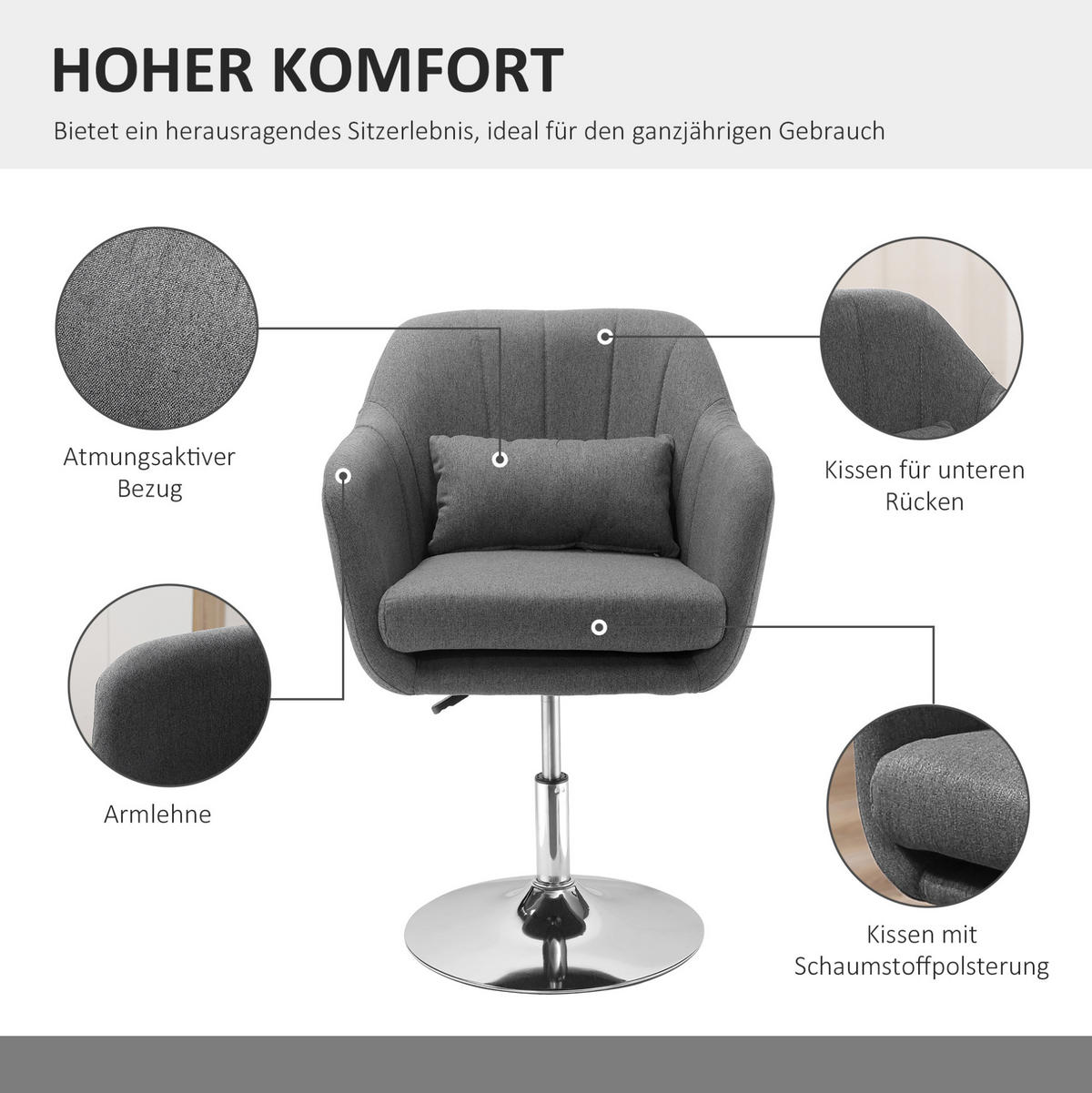 DREHSTUHL, höhenverstellbar & 360° drehbar, gepolstert mit leinenartigem Polyester, 60/60/79-91 cm, dunkelgrau - Dunkelgrau, Kunststoff (60/91/60cm) - Redom