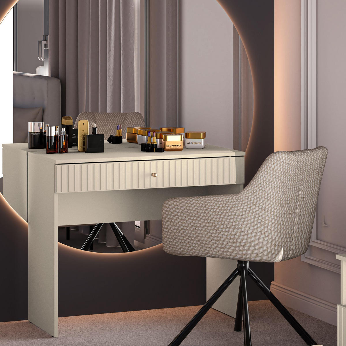 SCHMINKTISCH DROMA mit Spiegel,Creme - Creme, Holzwerkstoff (92/78/40cm) - KONSIMO®