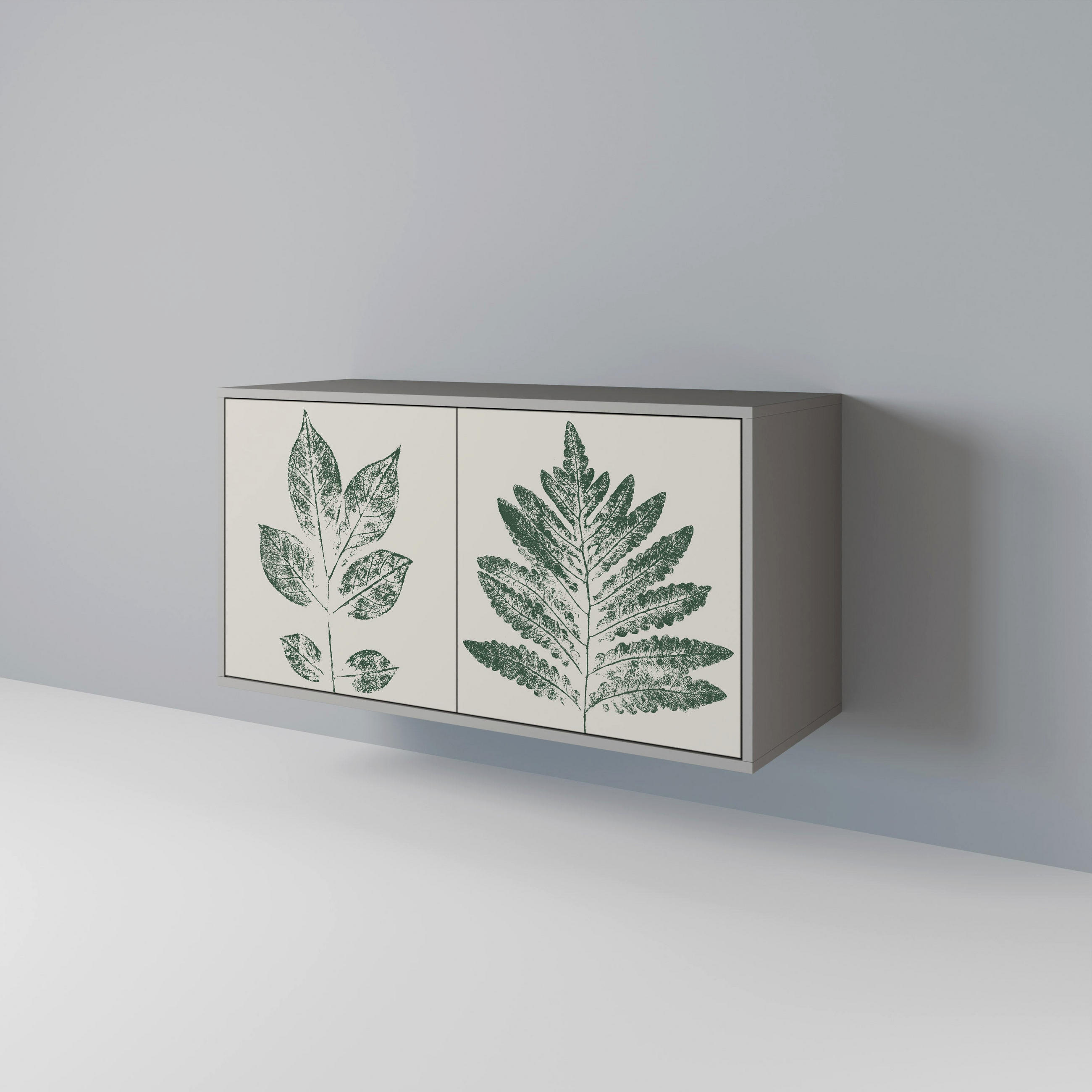 SIDEBOARD GREEN LEAFY STAMPS, Graue Oberfläche, 111x42x57,5 cm, 2 Türen - Grau, Holzwerkstoff (111/57.5/42cm) - SpaceRebels