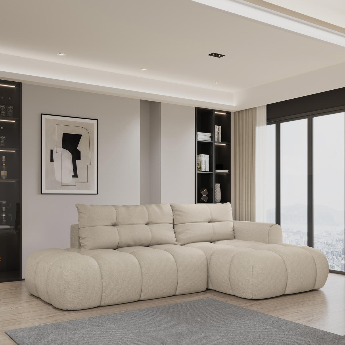 ECKSOFA FLUMA R-S Beige Geflochtener Stoff mit Schlaffunktion - Beige, Holz (274/165cm) - MASSENO