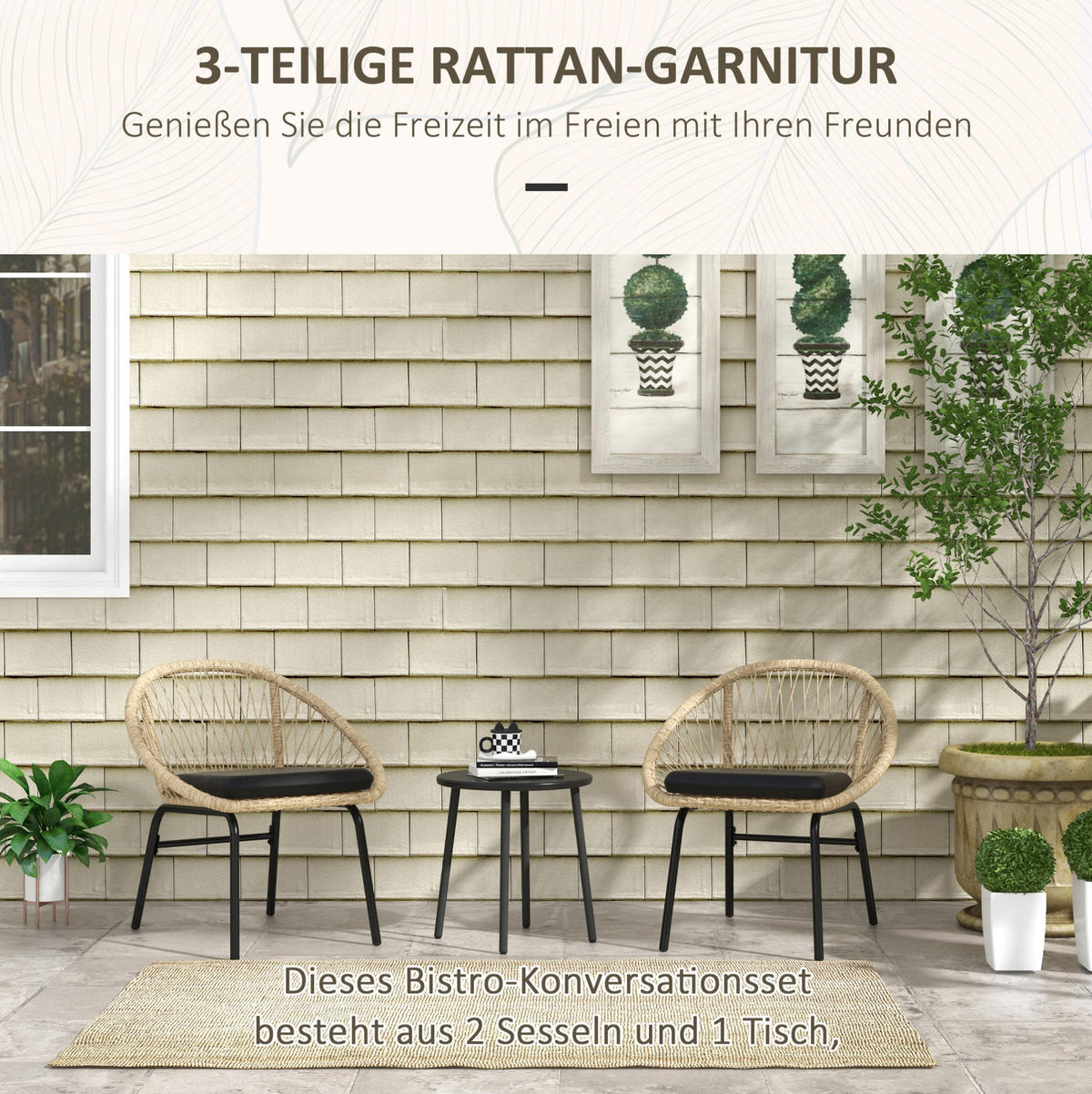 BALKONSET Ø40×45cm Rattan mit Kissen und Tisch Stahlplatte - Gelb, Naturmaterialien - Modfu