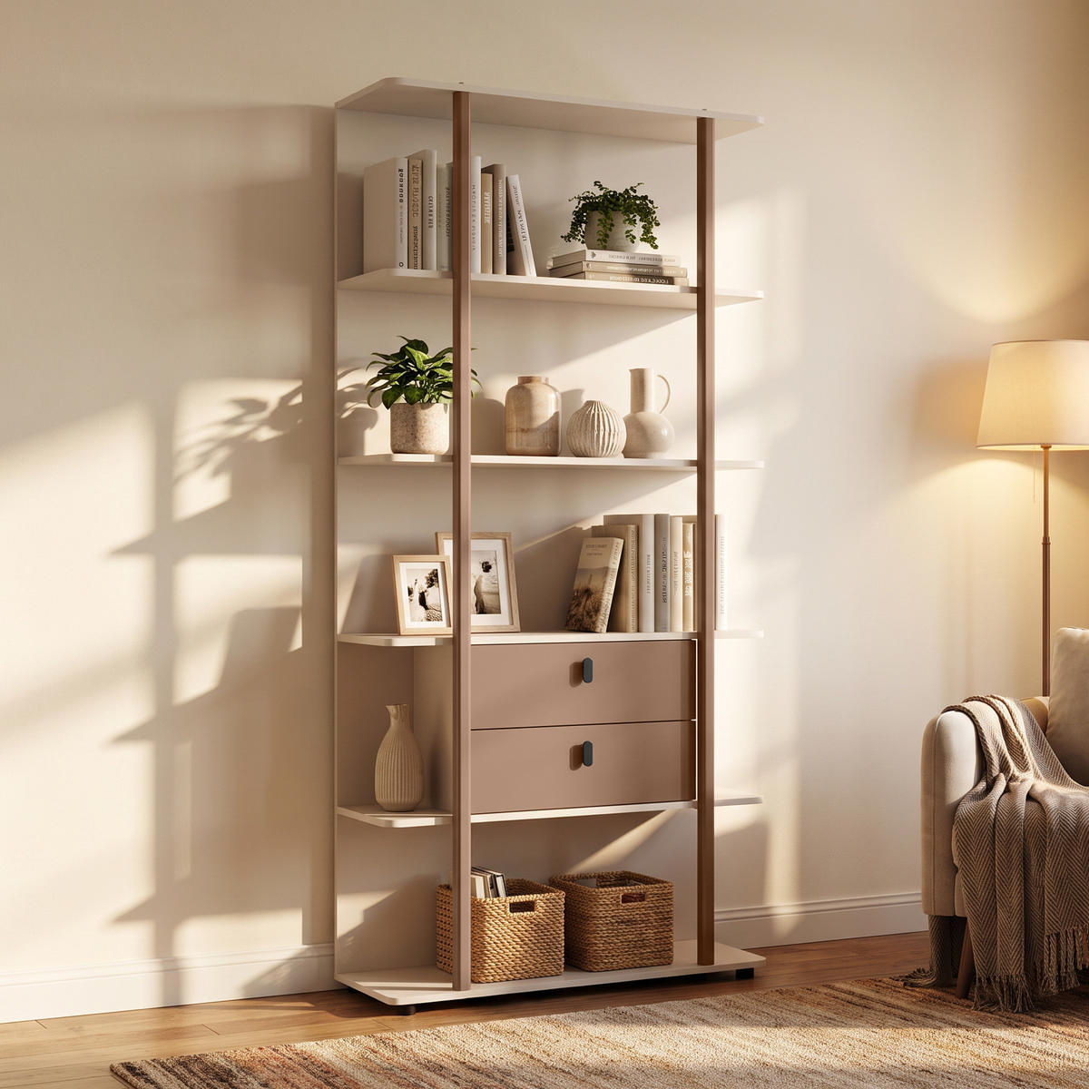 BÜCHERREGAL Boreo aus Metall mit 2 Schubladen, 90 cm, Kaschmir+Hellbraun - Kaschmir/Hellbraun, Metall (90/200/26cm) - Beautysofa