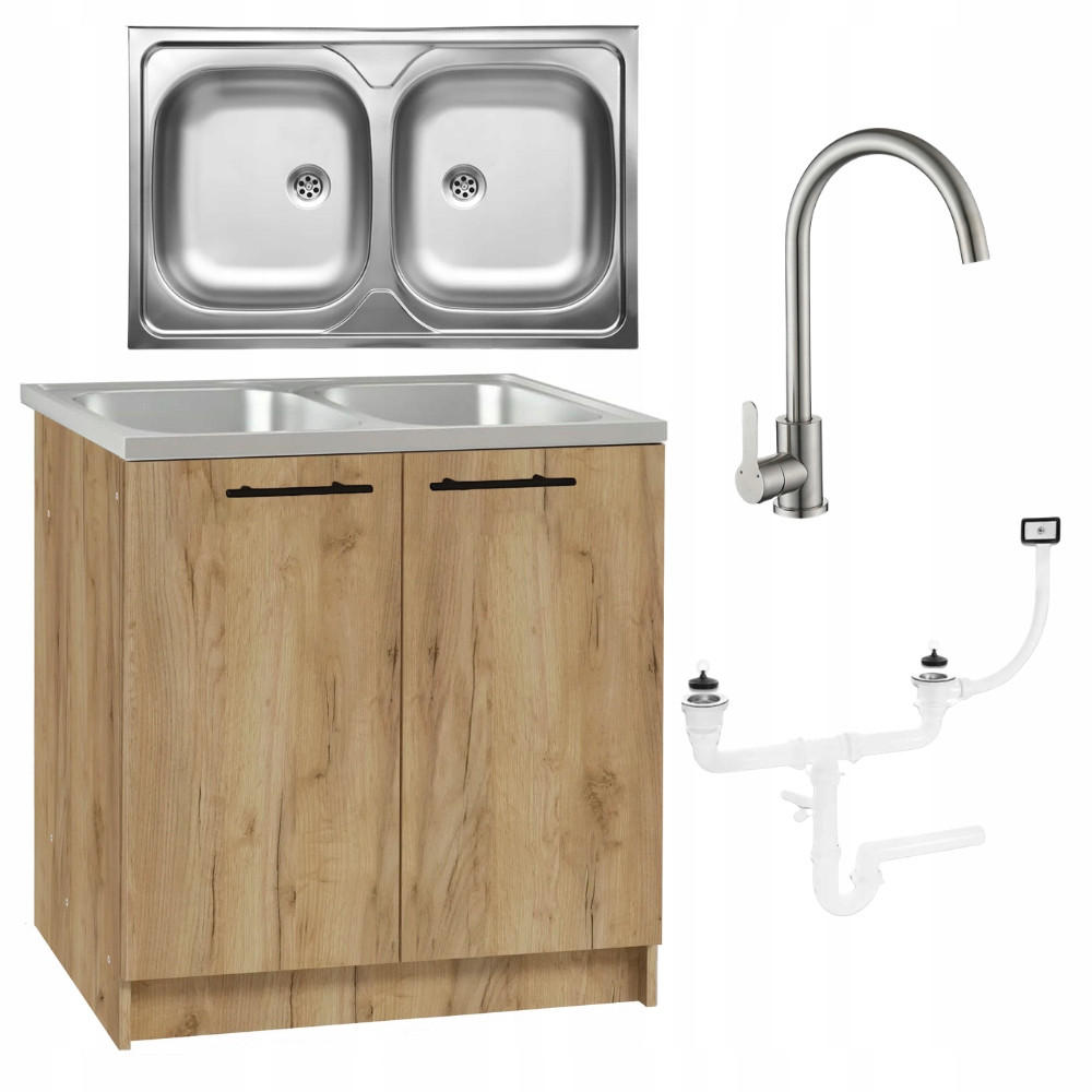SPÜLUNTERSCHRANK 80cm mit Spüle + Armatur + Siphon Eichenfarbe - Eichefarben, Holzwerkstoff (80/82/46cm) - Stamar