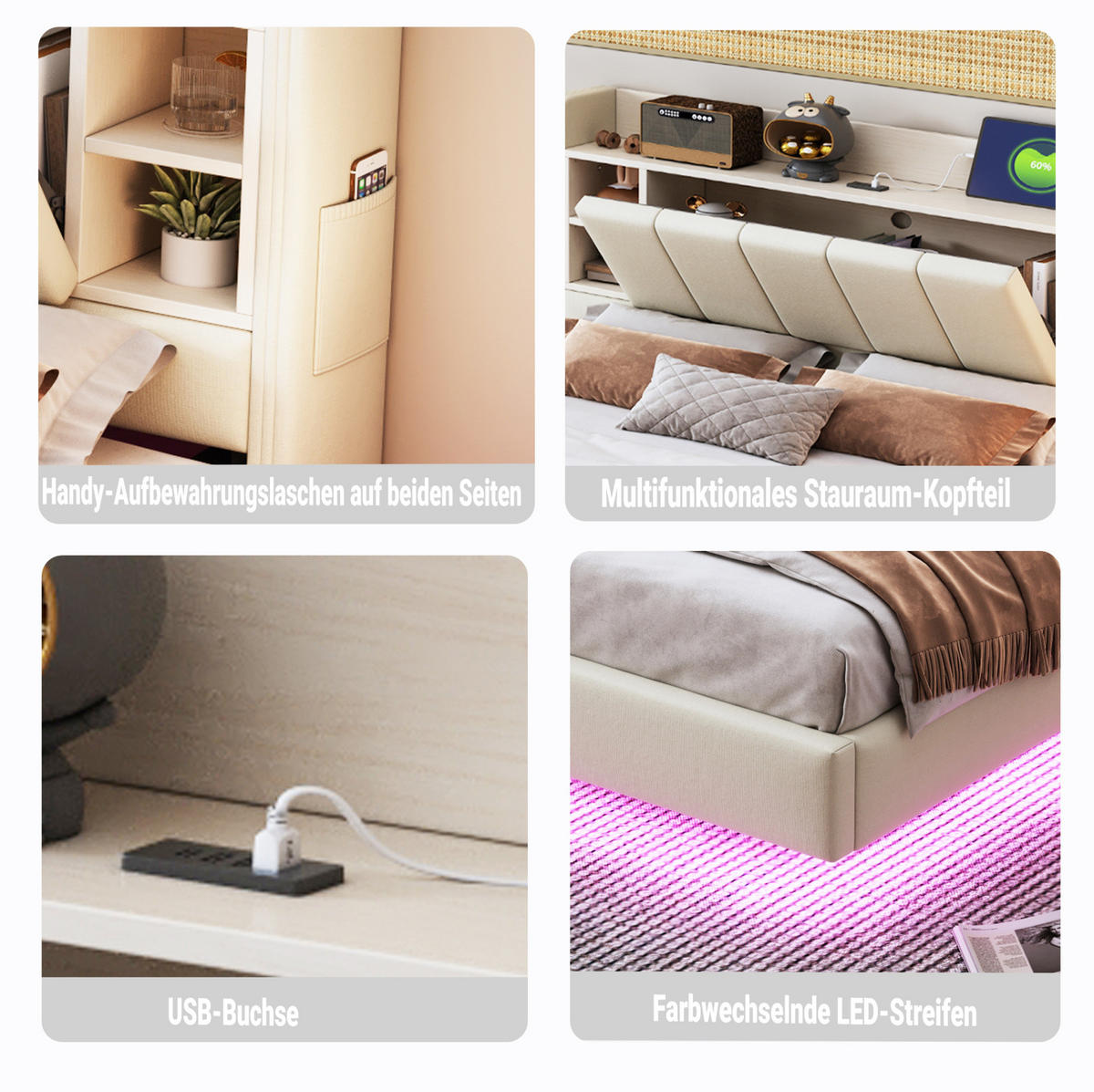 POLSTERBETT mit Stauraum, LED und USB 140x200 cm Beige - Beige, Metall (140/200cm) - Meubliv