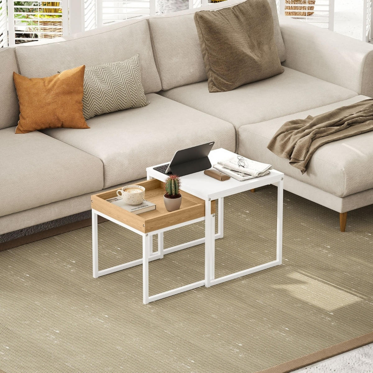 COUCHTISCH-SET 45/45/45 cm weiß mit abnehmbarem Tablett aus Stahl - Weiß, Metall (45/45/45cm) - OKWISH