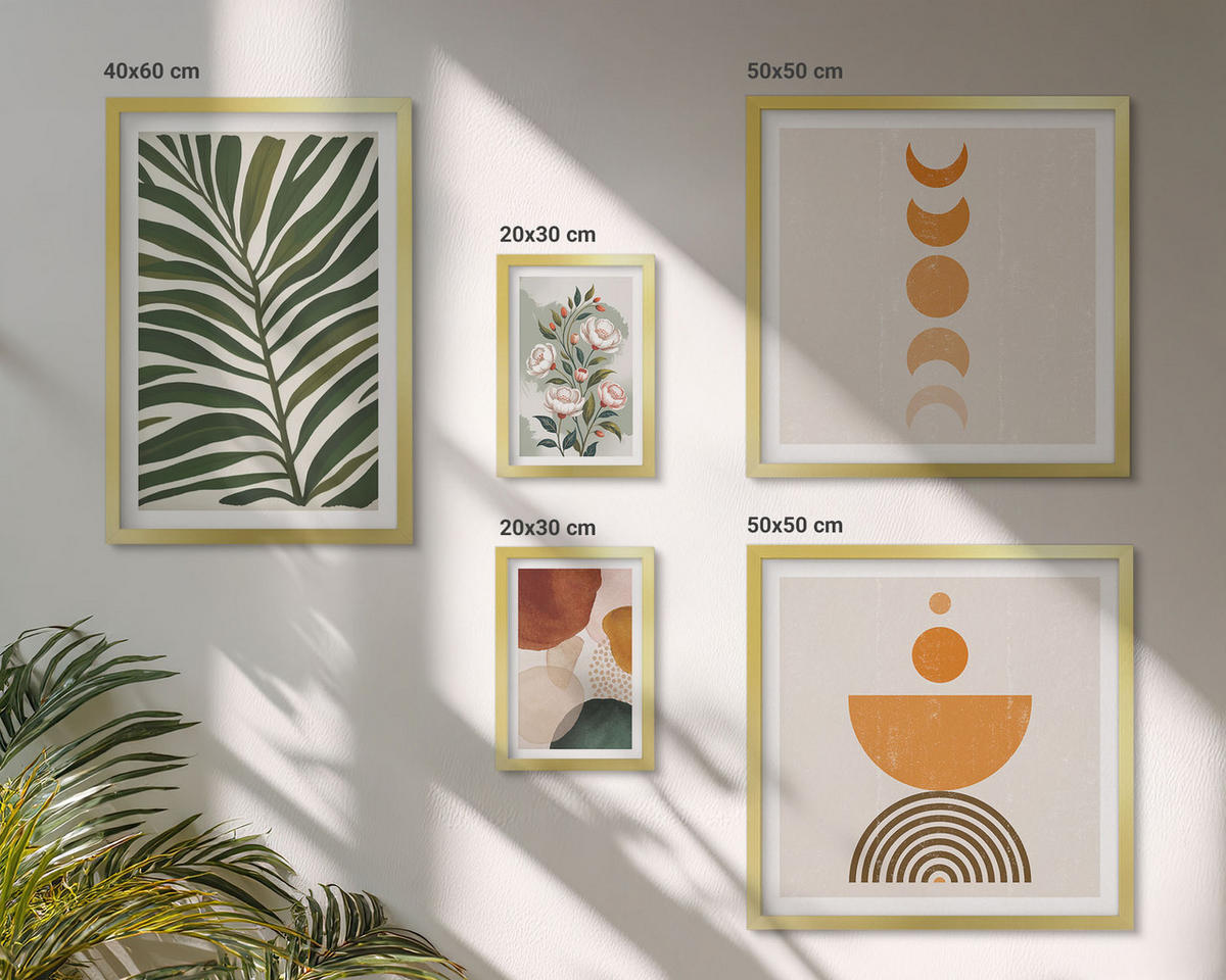 WANDBILDER 5er Set - 50x50 cm & 20x30 cm & 40x60 cm Goldrahmen - Abstrakte Blattformen - Goldfarben, Kunststoff (40/60cm) - ArtPrintCave