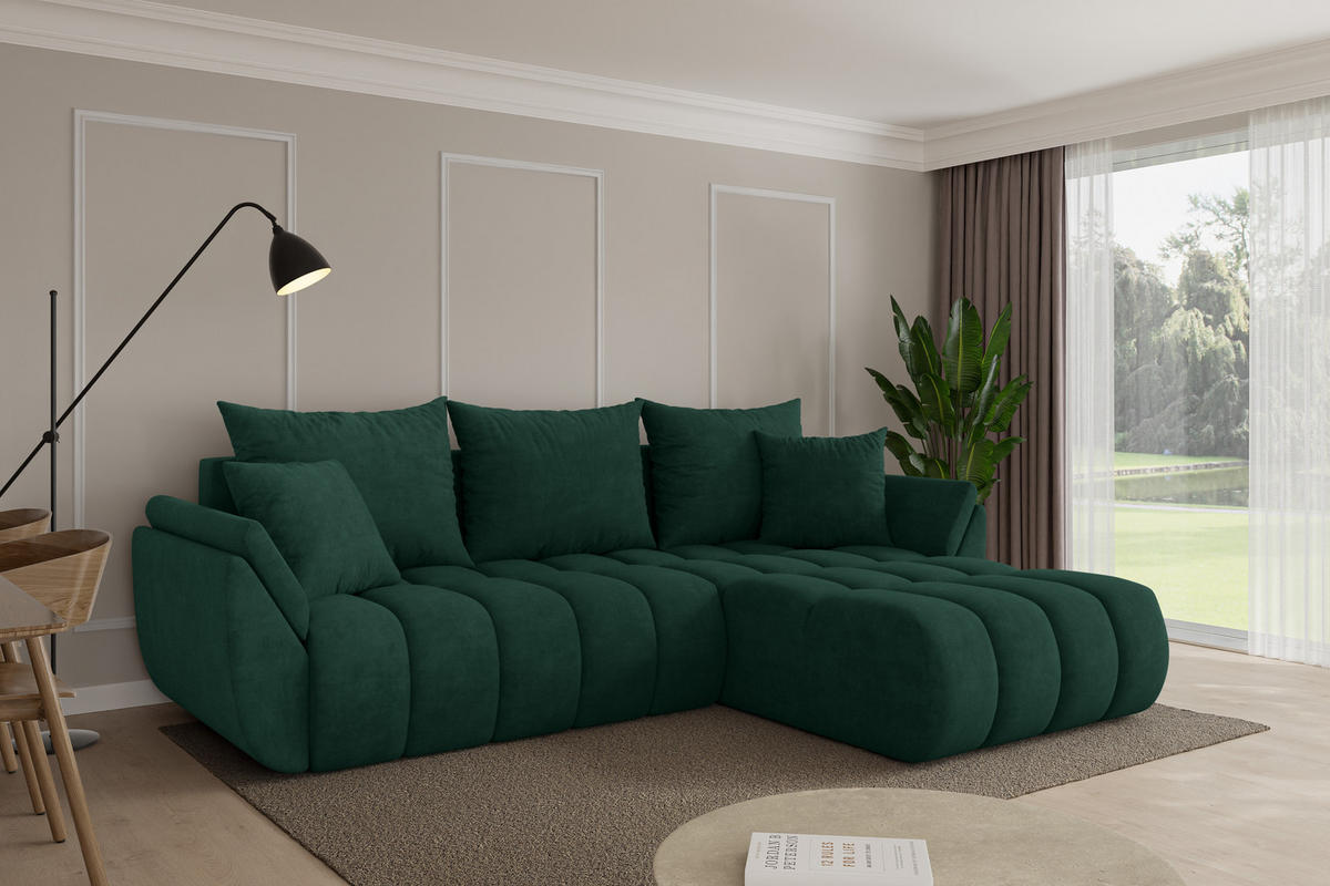 ROHOVÁ SEDAČKA s funkcí spaní, otoman vpravo TOKO-L-v1 277x194x86 zelená velur - černá/zelená barva, kompozitní dřevo/textil (277/194cm) - ALTDECOR