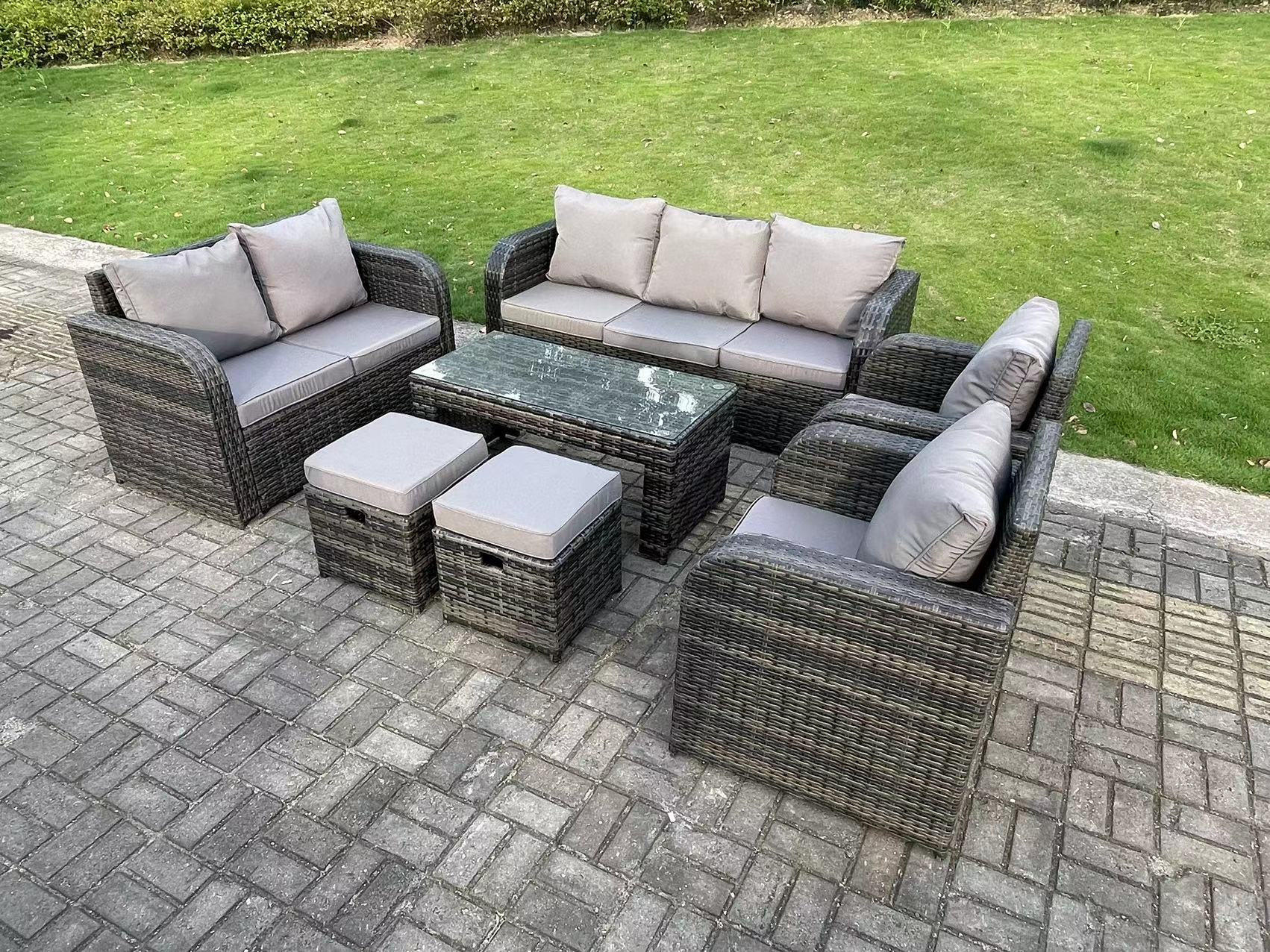 GARTENMÖBELSET mit Couchtisch Polyrattan 9-Sitzer - Dunkelgrau/Grau, Glas/Kunststoff - Fimous
