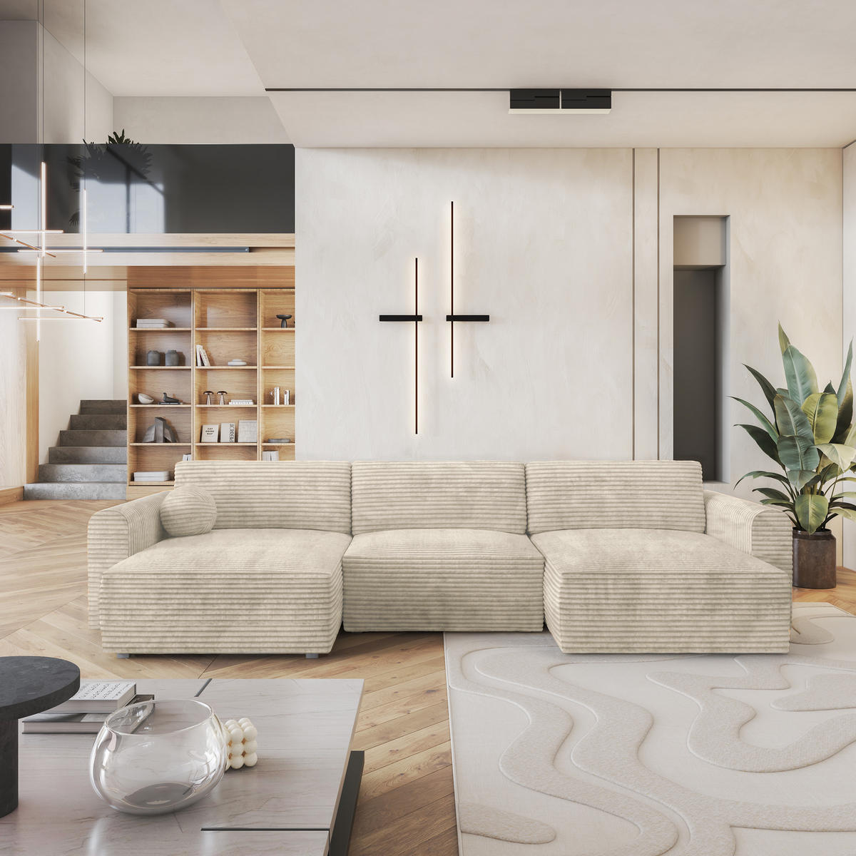 ROHOVÁ SEDAČKA FENTO krémová - šedá/krémová, dřevo/textil (347/148cm) - MASSENO