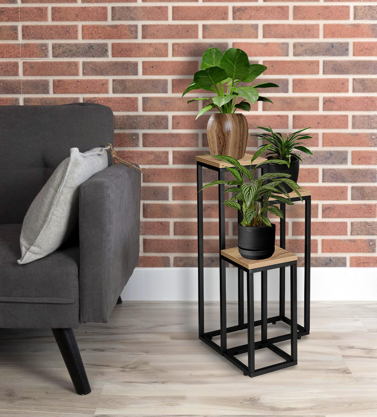 BLUMENSTÄNDER mit 3 Ablagen - Eichefarben, Metall (34/34/67cm) - Mat-Haus