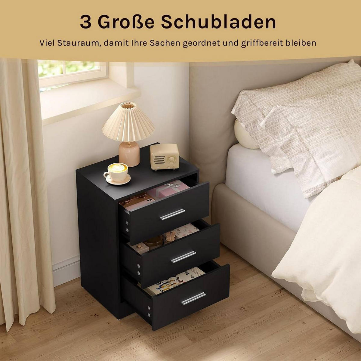 NACHTTISCH 2er Set, 39x54x28 cm, Schwarz - Schwarz, Holzwerkstoff (39/54/28cm) - Woltu