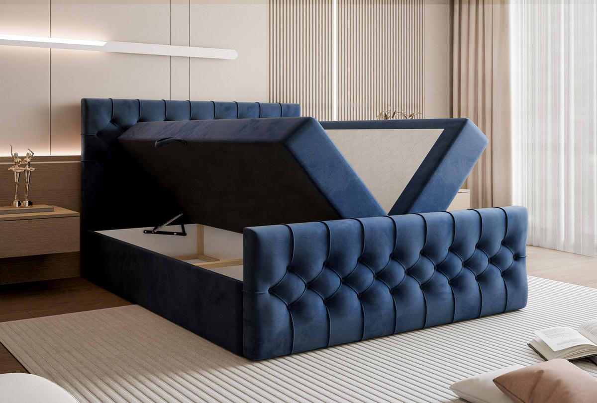 BOXSPRINGBETT Aurora mit Bettkasten, Dunkelblau Samt 180x200 cm – inkl. H3 Matratze und Topper - Schwarz/Dunkelblau, Holzwerkstoff/Kunststoff (180/200cm) - WFL GROUP