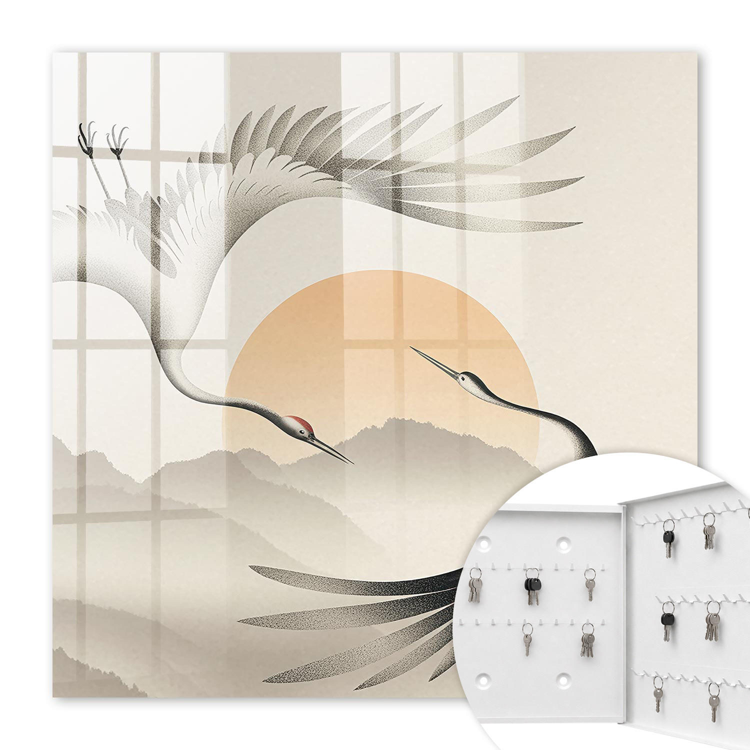 SCHLÜSSELBOX Weiß 30x30 cm – Türöffnung nach rechts - Japanische Kraniche vor dem Hintergrund der aufgehenden Sonne - Grau, Metall (30/30/5cm) - TULUP