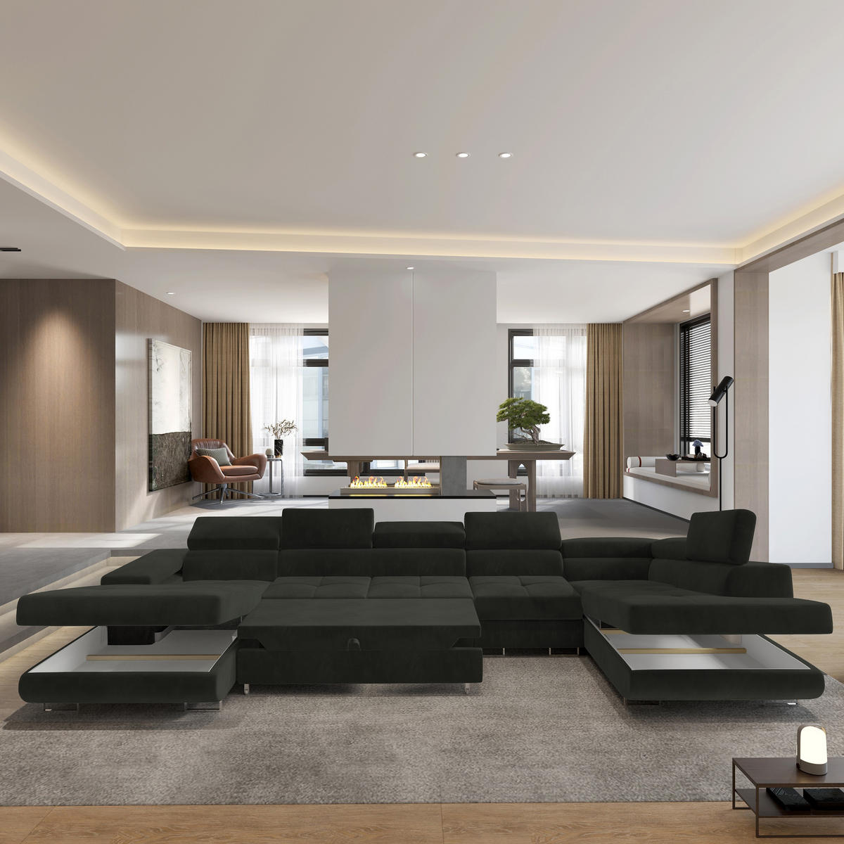 WOHNLANDSCHAFT VELORA R-S Schwarz Velours-Stoff mit Schlaffunktion - Schwarz, Holz (419/90/202cm) - MASSENO